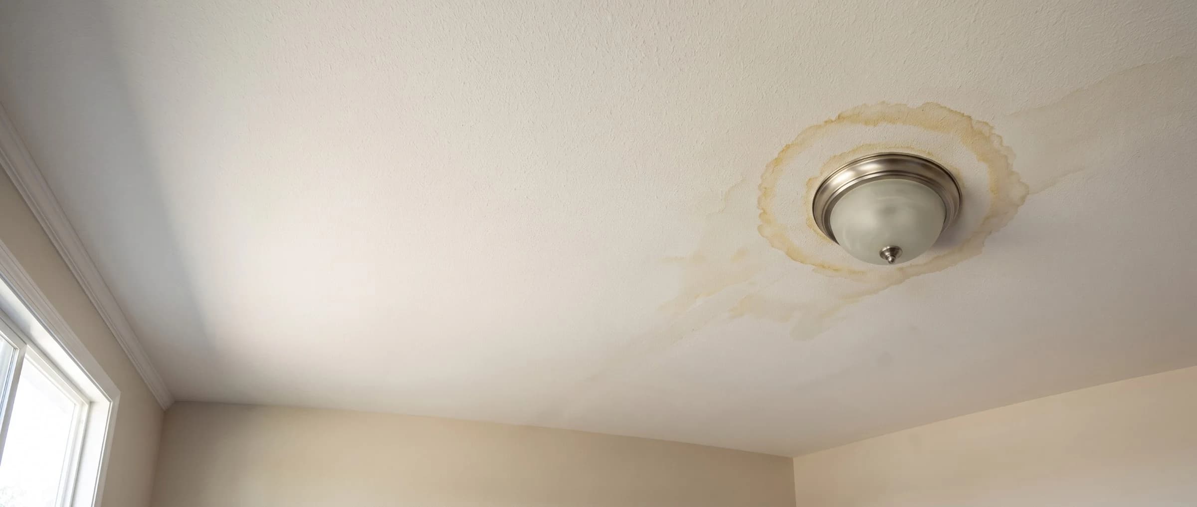 Water stain spreading across a ceiling near a light fixture