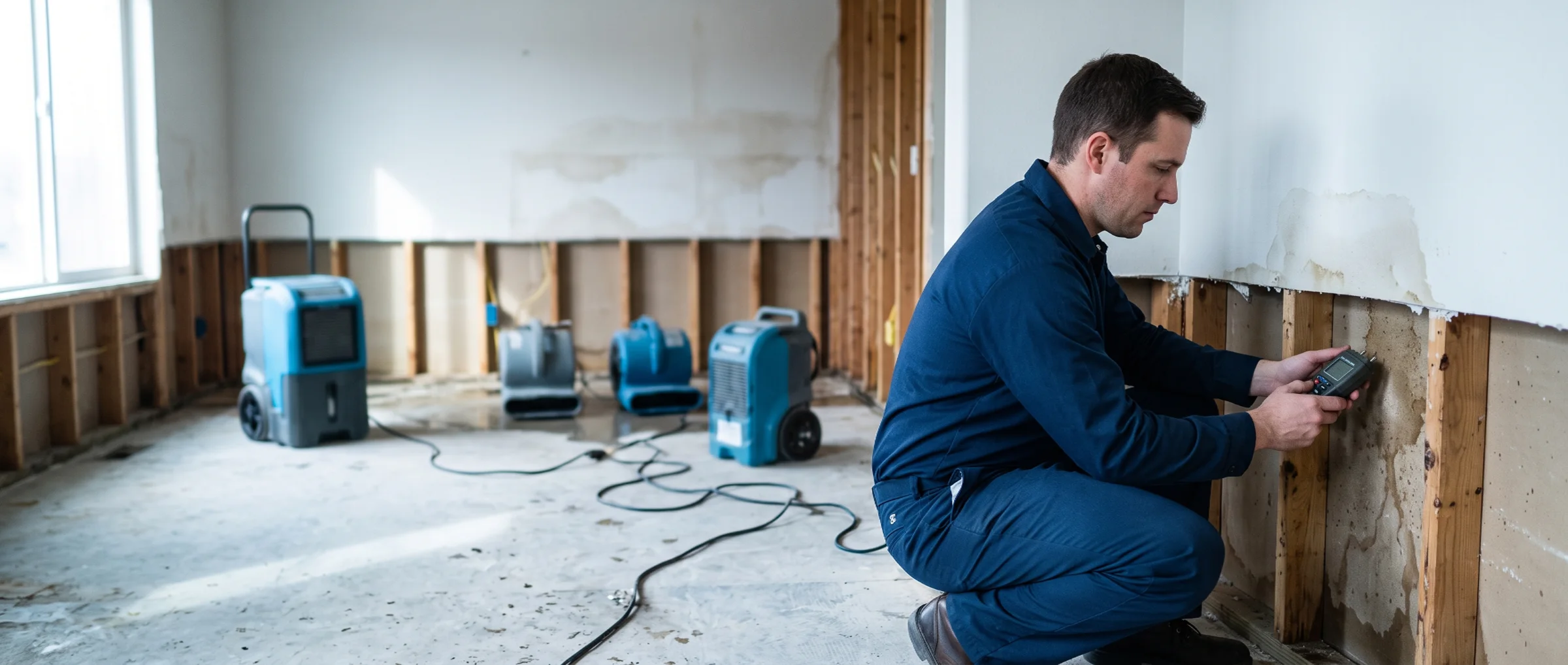 Water damage restoration technician taking a moisture reading on exposed wall studs beside running dehumidifiers and air movers