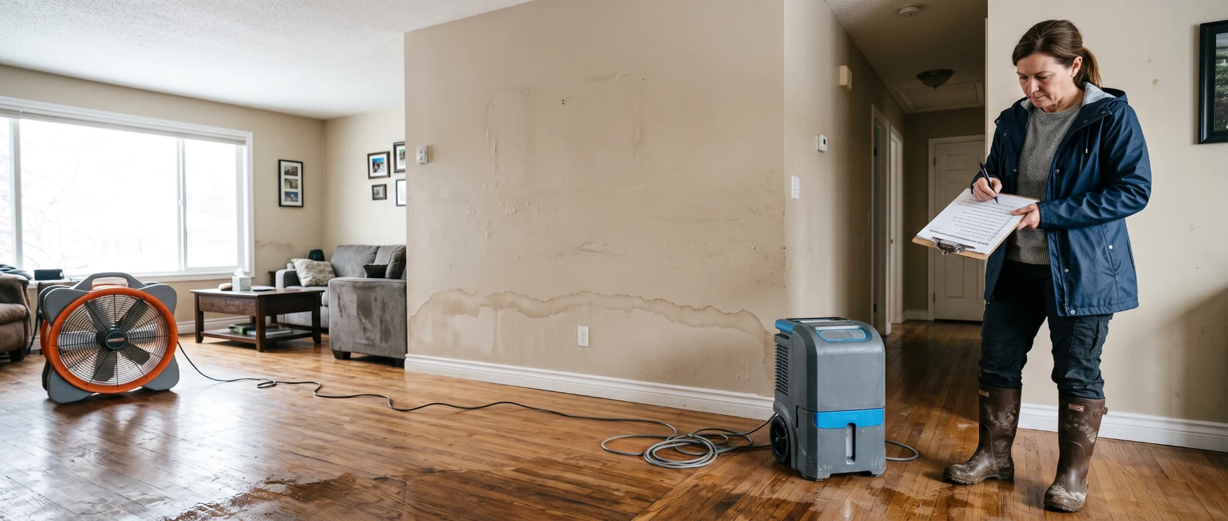 Homeowner reviewing a water damage restoration checklist on a clipboard beside an air mover fan and dehumidifier in a water-stained living room