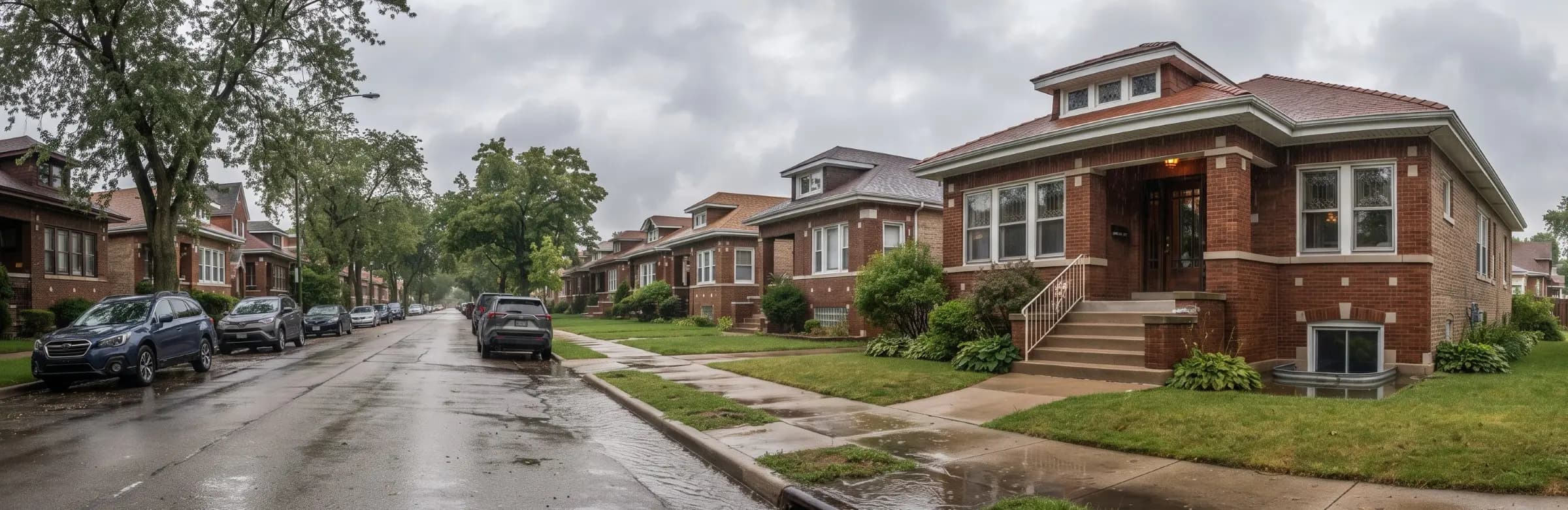 Brick Chicago bungalow with front steps and a basement window well on a rain-soaked street with a storm drain in the gutter