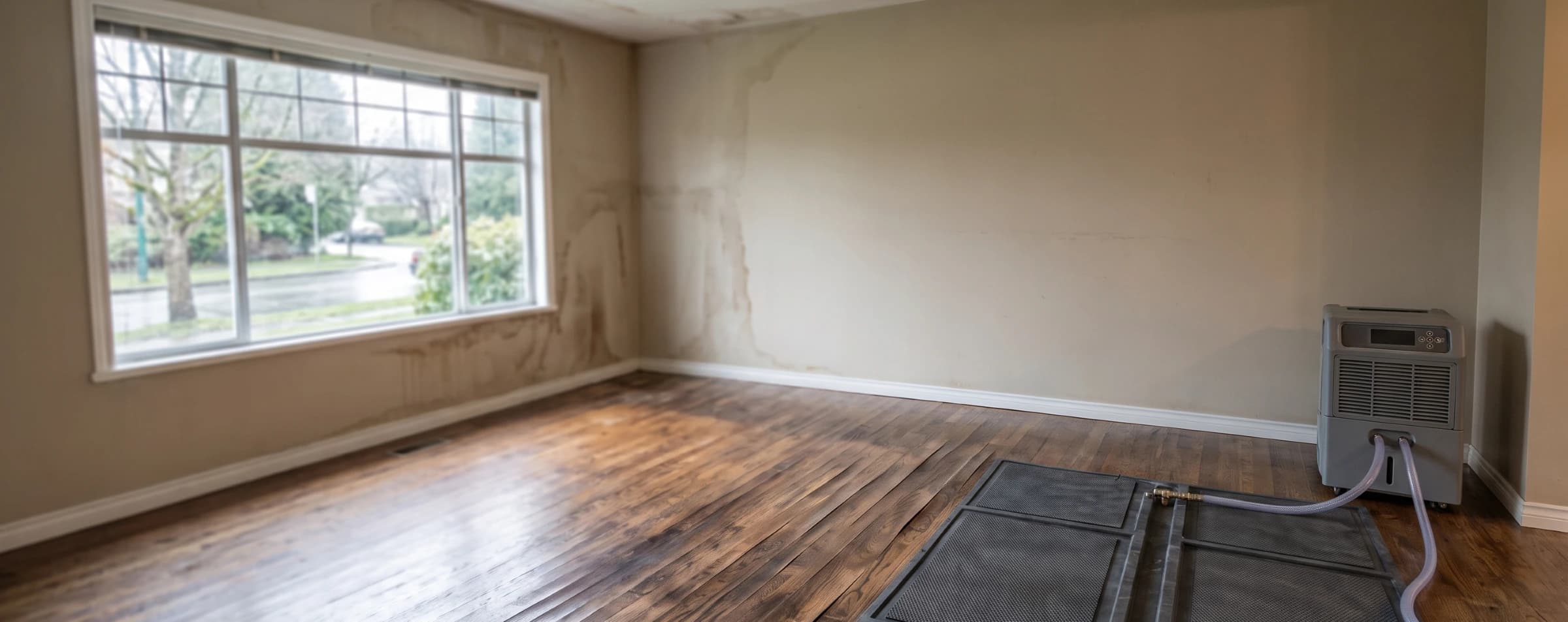 Injection drying mats and hoses laid across cupped hardwood flooring in an empty room, with a dehumidifier running near the window