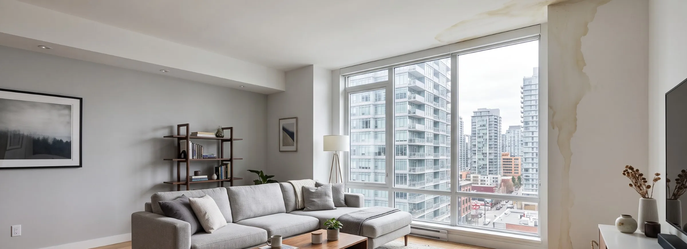 Water stain spreading across a ceiling corner in a condo living room, city high-rises visible through a window