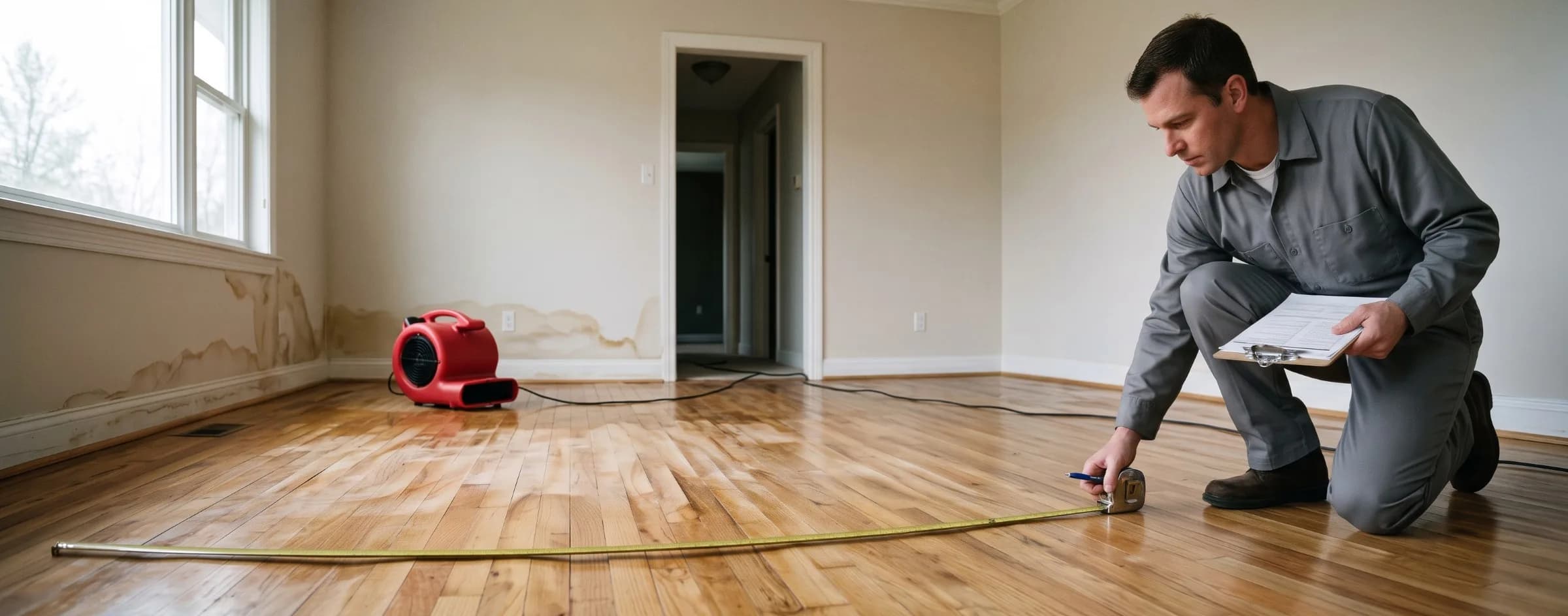 Technician measuring a water damaged floor with a tape measure