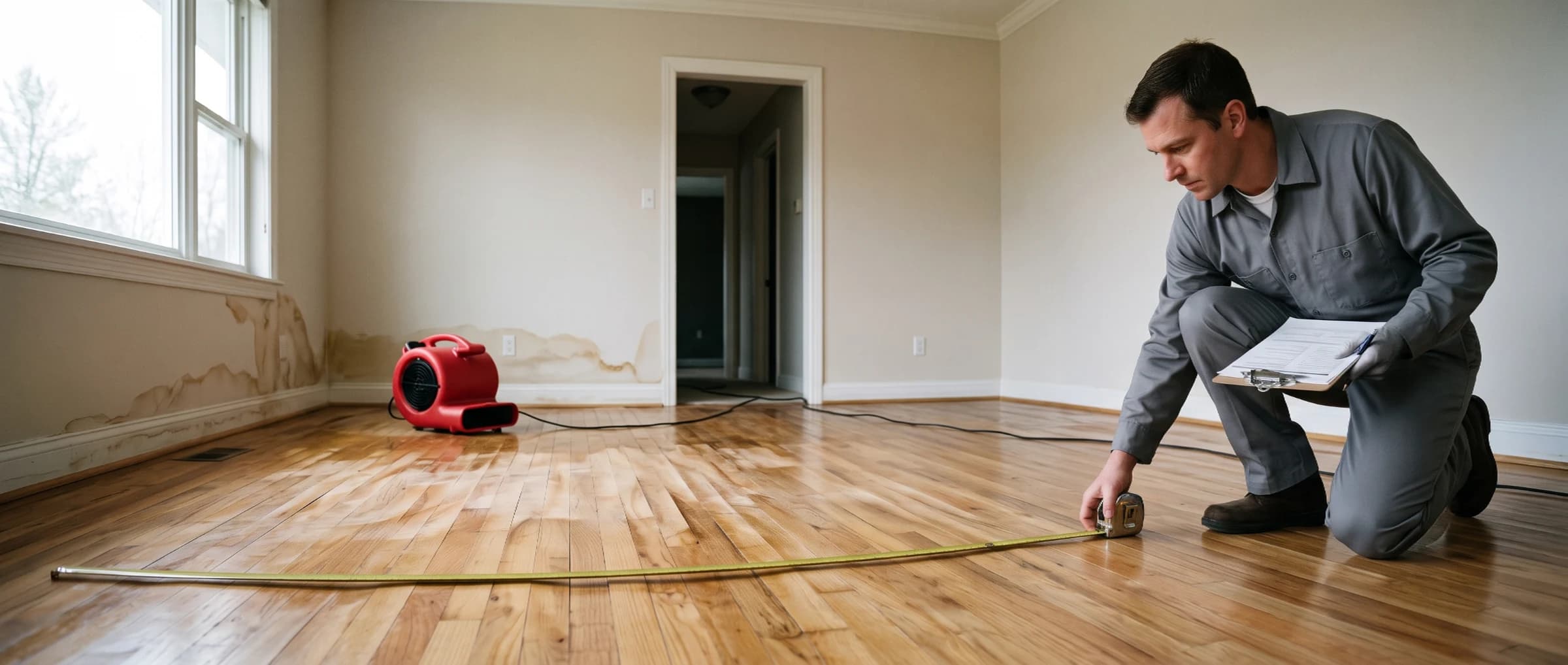 Technician measuring a water damaged floor with a tape measure