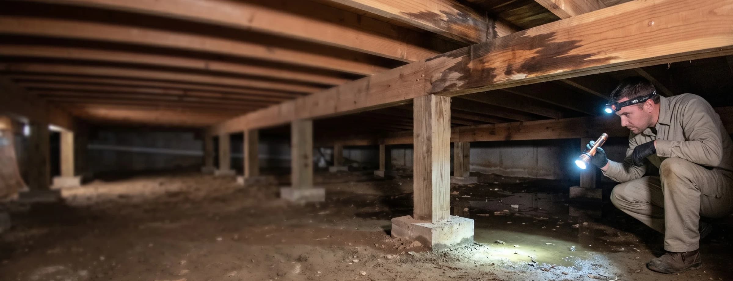 Technician crouched in a crawl space inspecting standing water near exposed floor joists