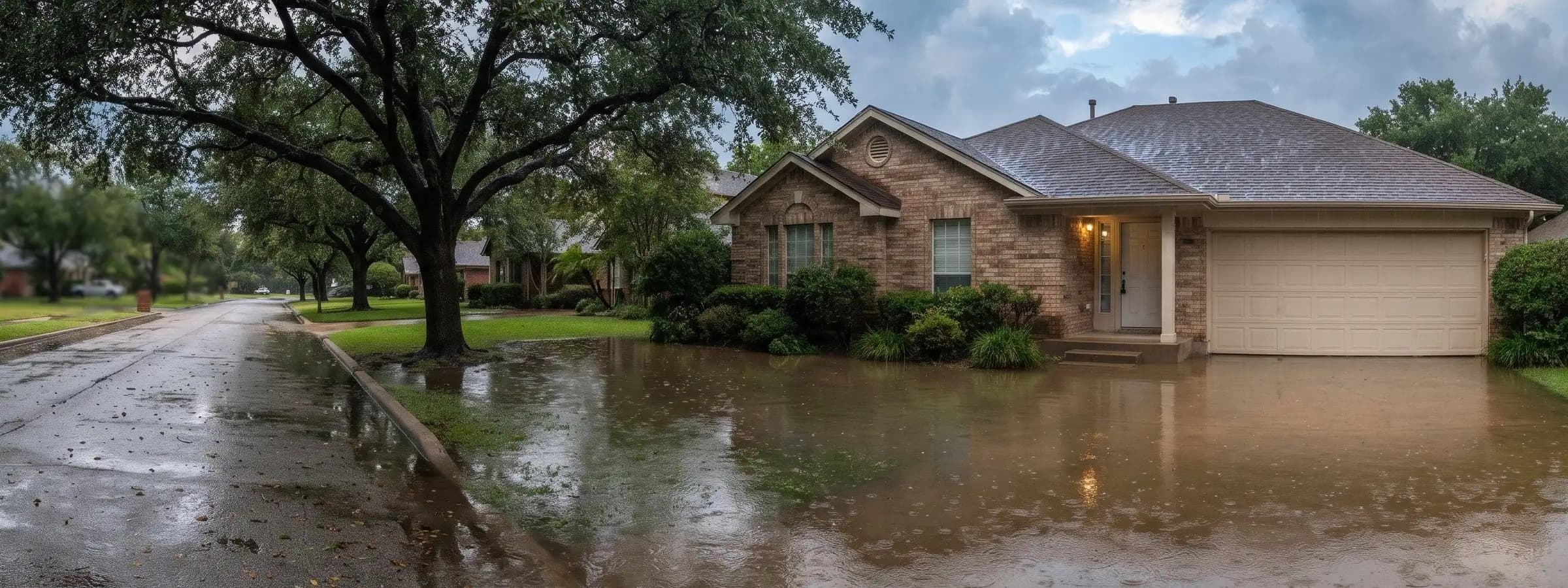 Single story brick house with a two car garage on a Dallas street, with brown floodwater covering the front lawn and driveway up to the garage door and front step