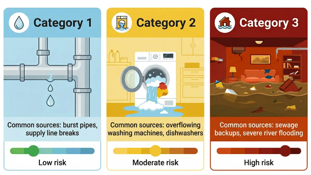 Infographic showing the three IICRC water damage categories: Category 1 (low risk, clean water sources), Category 2 (moderate risk, gray water sources), and Category 3 (high risk, sewage and flooding)