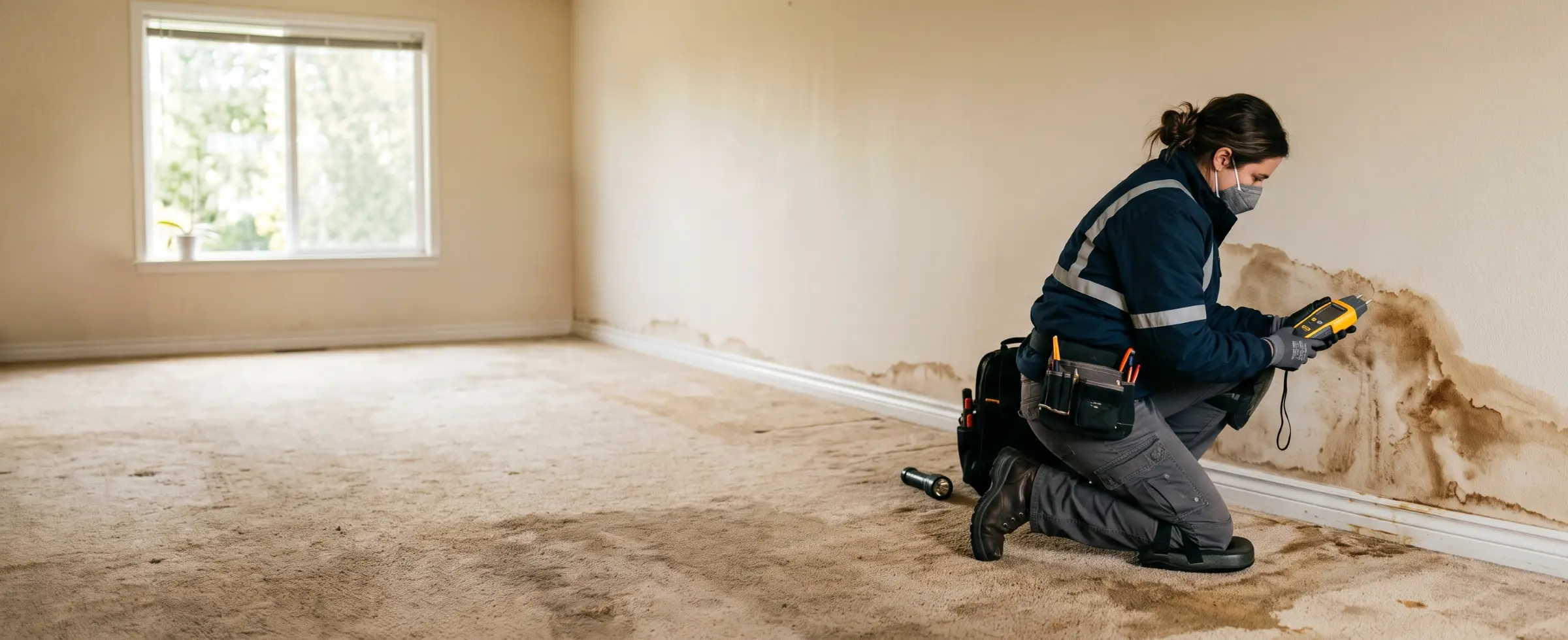 Restoration technician using a moisture meter on a water-stained wall in a carpeted living room
