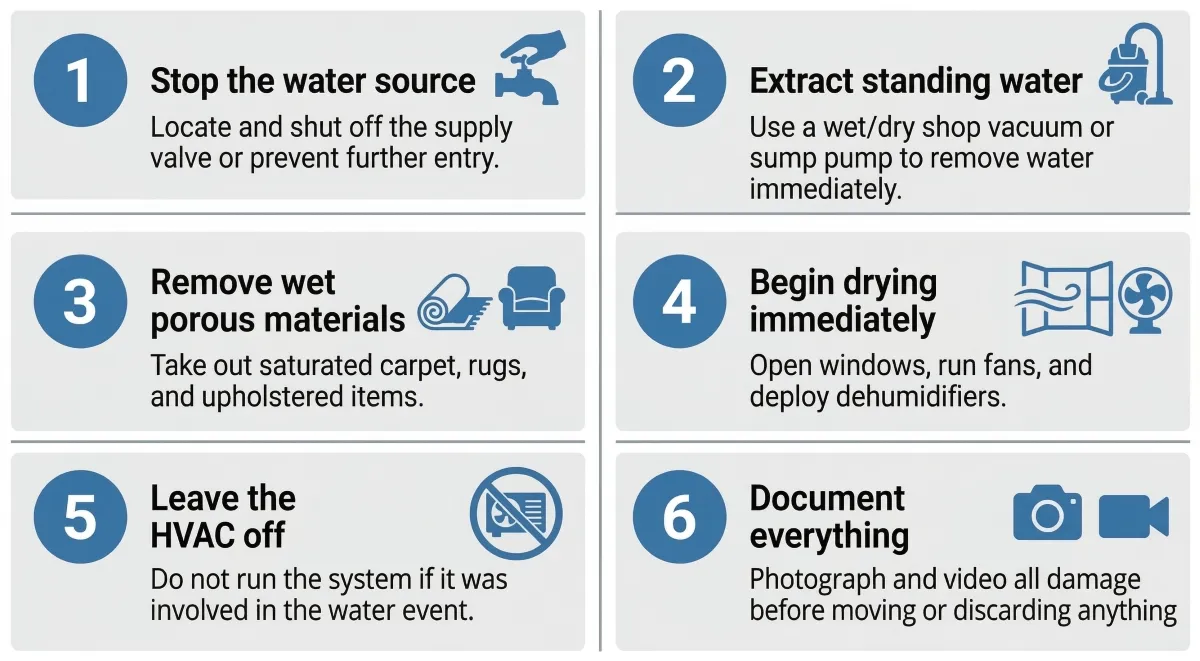 Infographic showing six immediate steps to take after water damage: stop the water source, extract standing water, remove wet porous materials, begin drying immediately, leave the HVAC off, and document everything