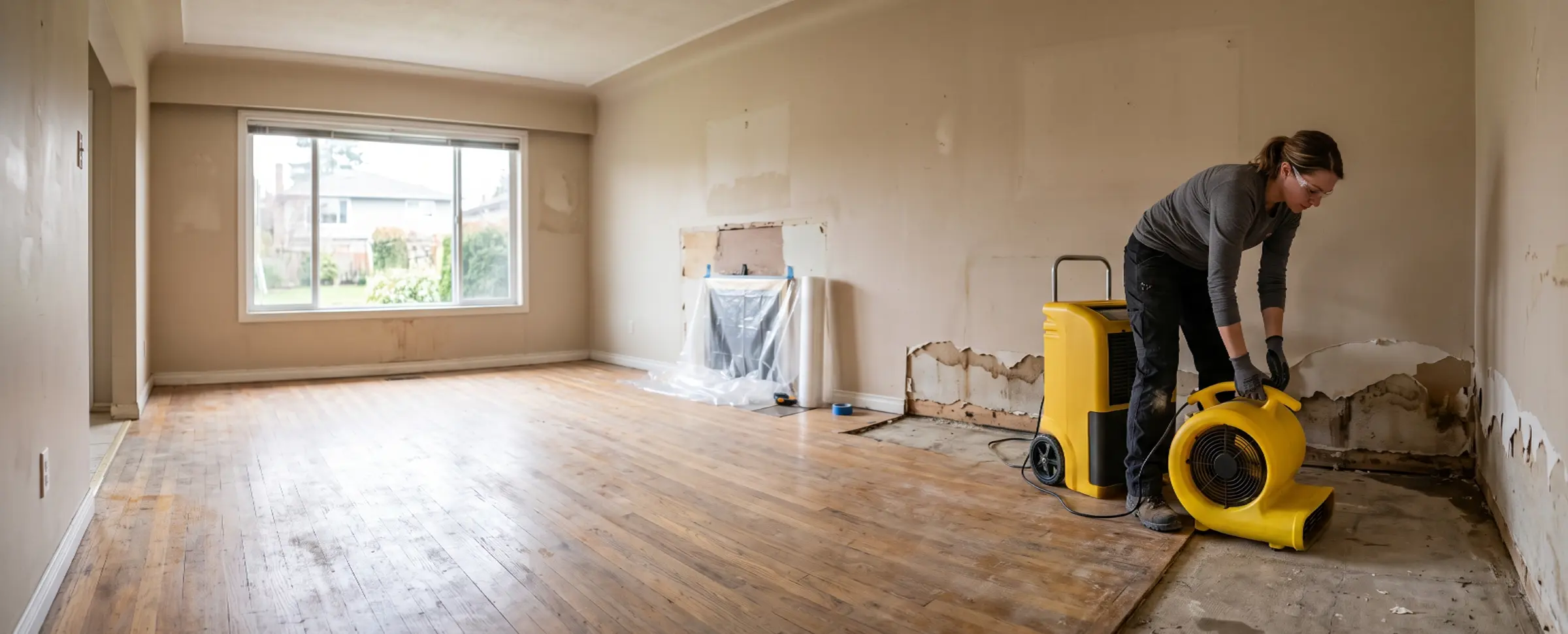 Restoration technician positioning an air mover and dehumidifier in a water damaged living room