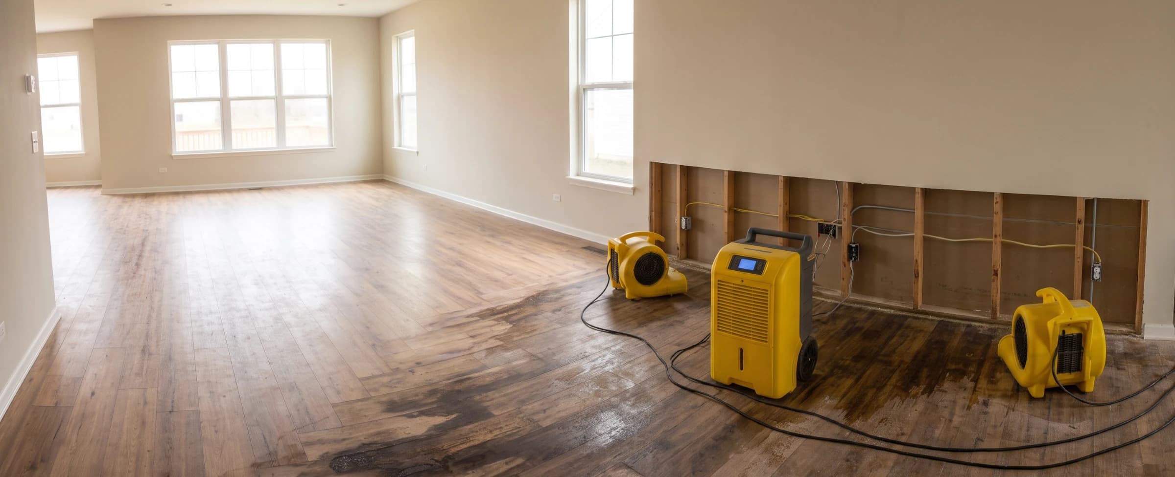 Technician using a moisture meter on a water-damaged wall during a home restoration inspection