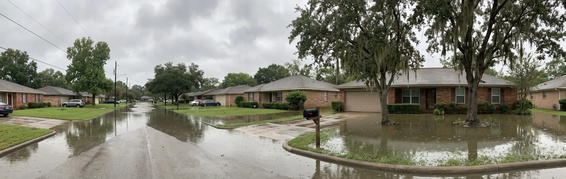 Brick single story Houston home with standing water across the front yard and curb after heavy rain