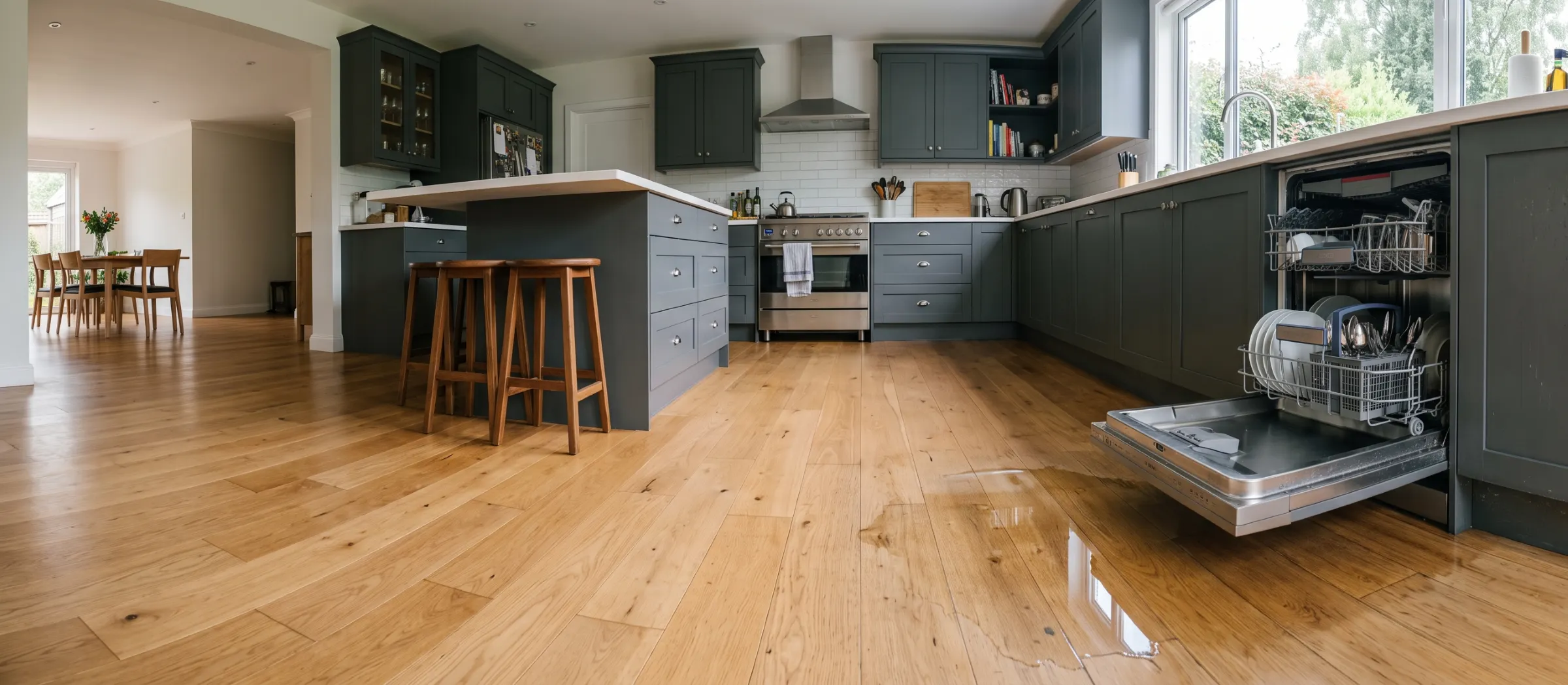 Water pooling on a kitchen floor in front of an open dishwasher