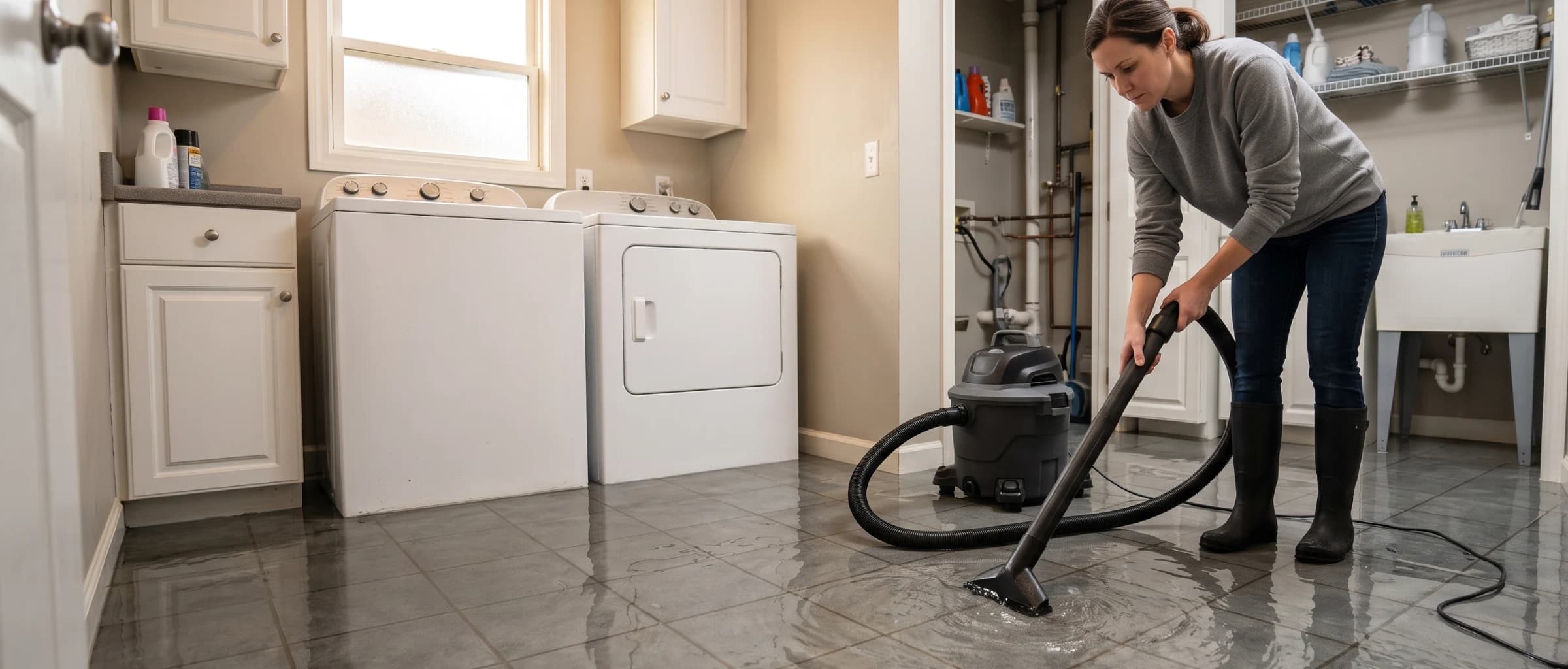 Homeowner using a wet dry vacuum to remove standing water from a hardwood floor