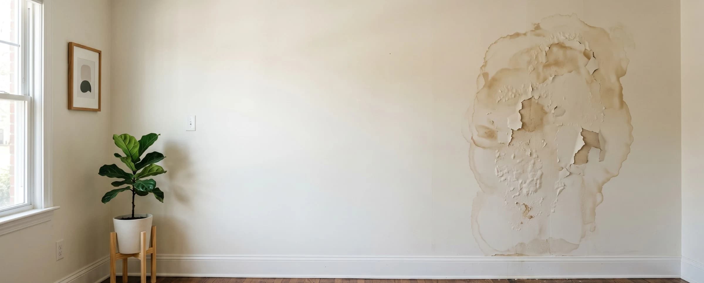 Water stained and bubbling drywall panel with paint peeling away from a leak