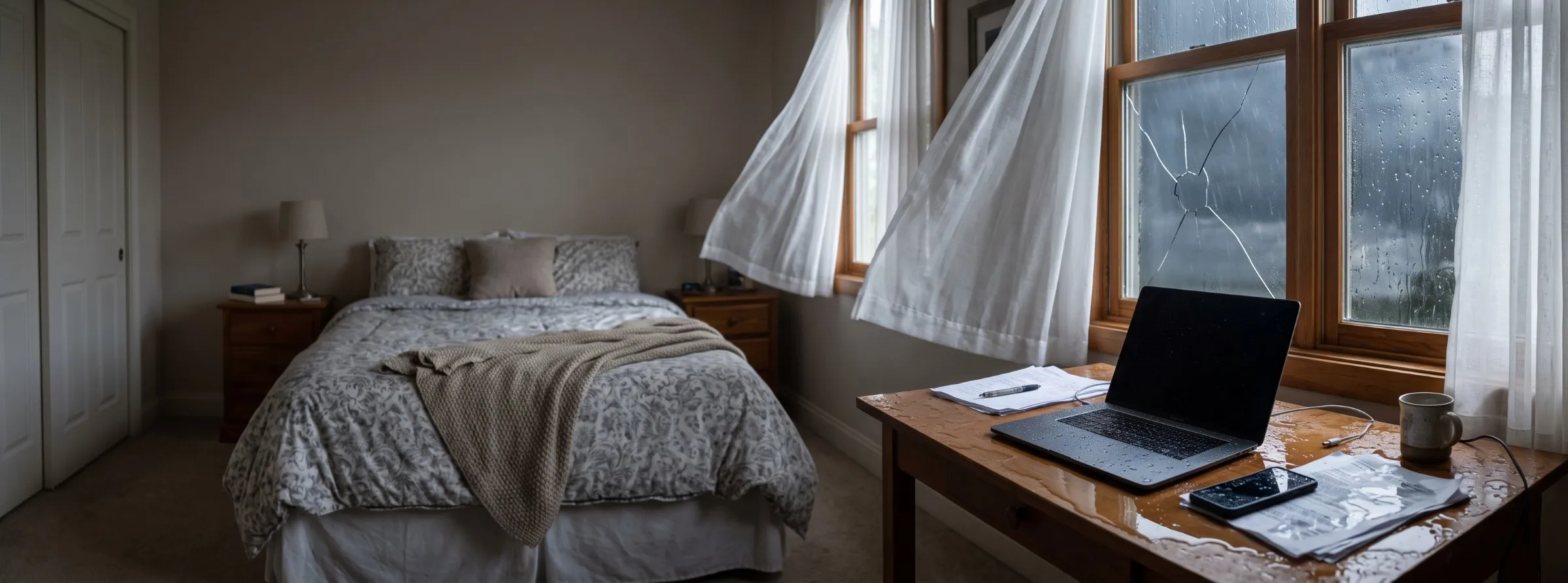 A laptop, phone, and papers sitting in a puddle of rainwater on a bedroom desk beside a cracked, rain-streaked window during a storm