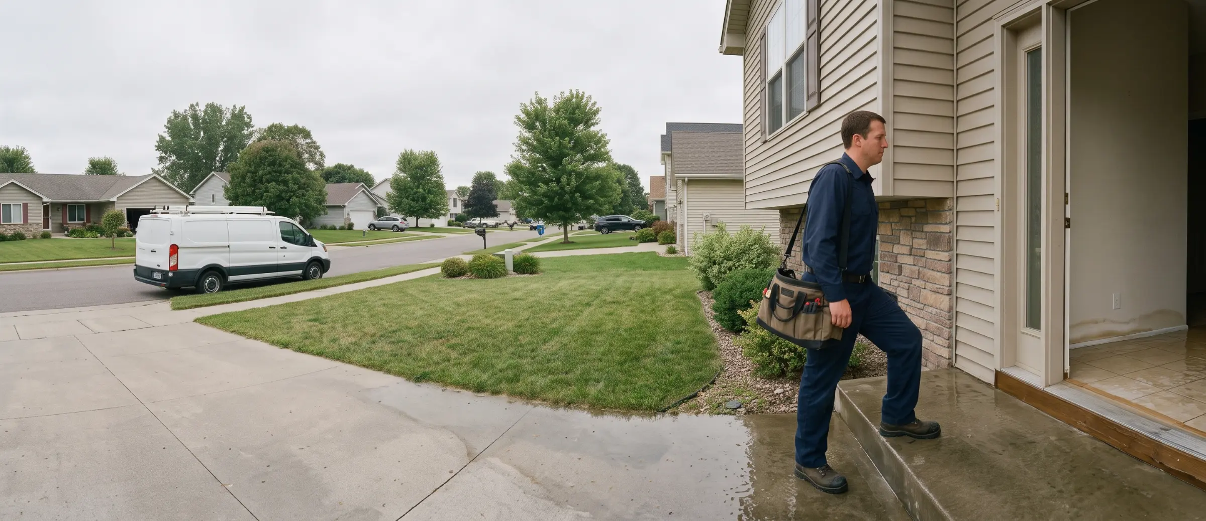 Restoration technician climbing wet porch steps toward the open front door of a home with visible water staining on the entryway wall