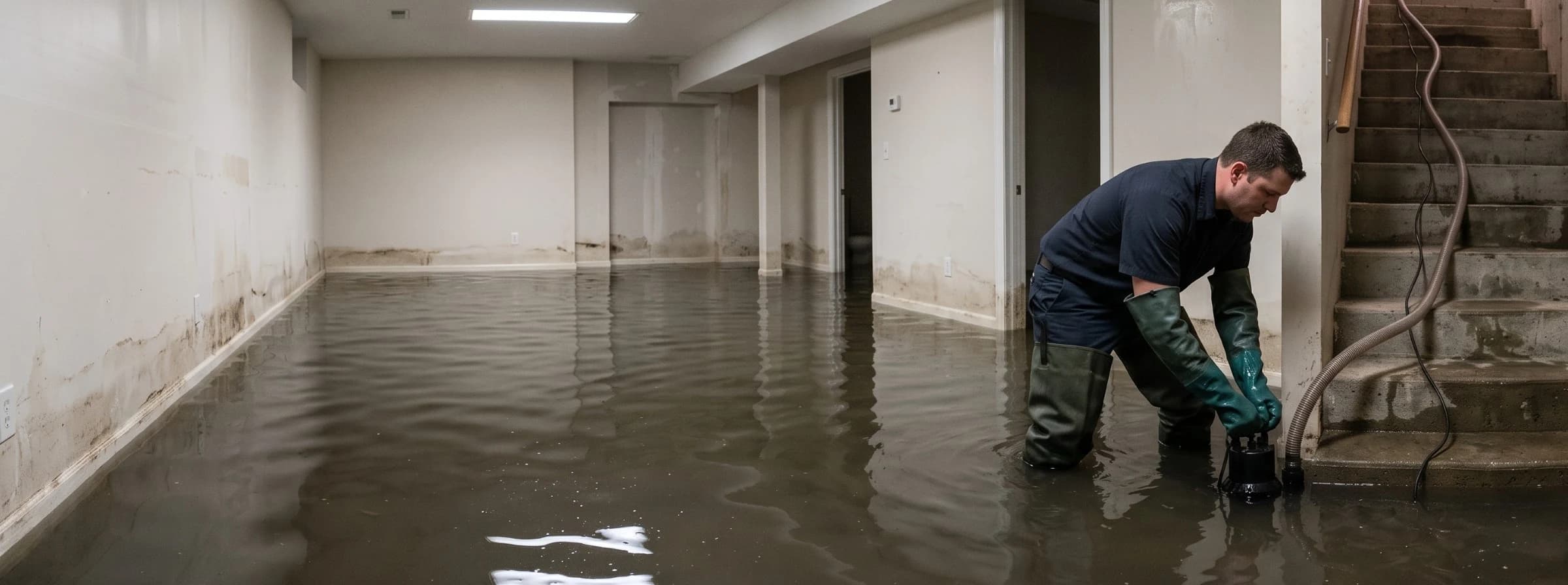 Technician in waders and rubber gloves positioning a submersible pump in a flooded basement