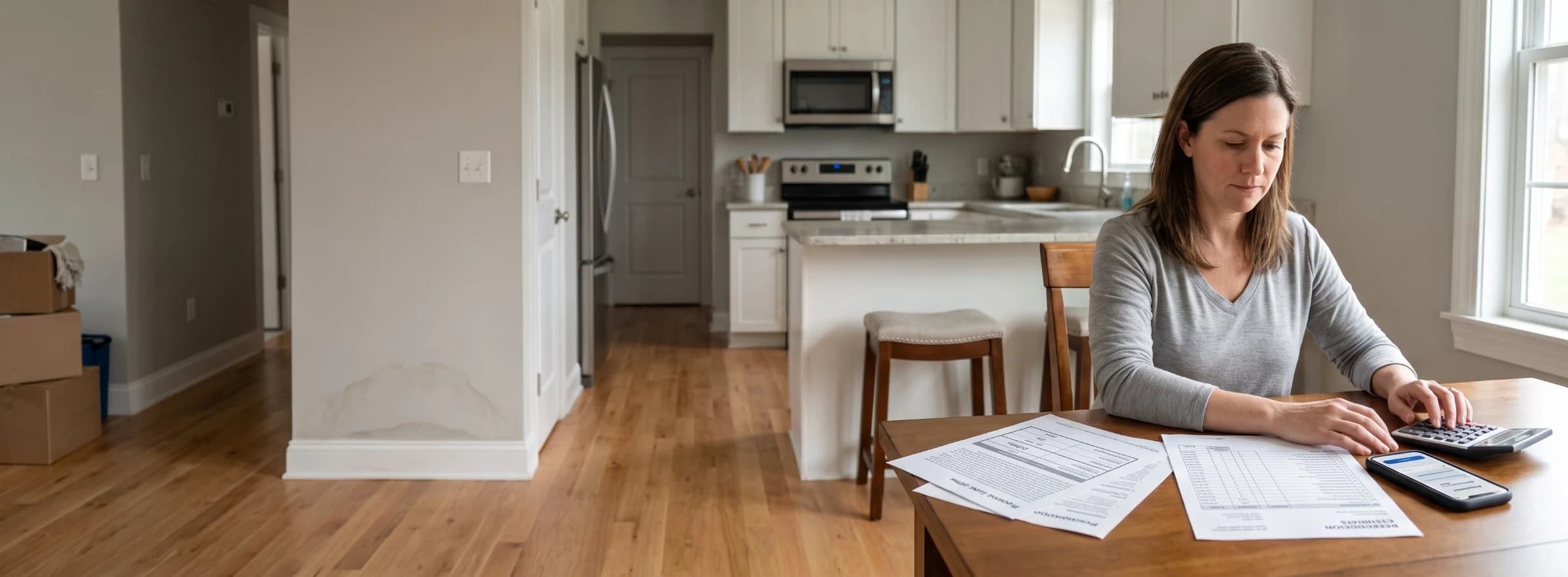 Homeowner reviewing a loan offer and a restoration company's written estimate at a kitchen table, with a faint water stain visible on a hallway wall in the background