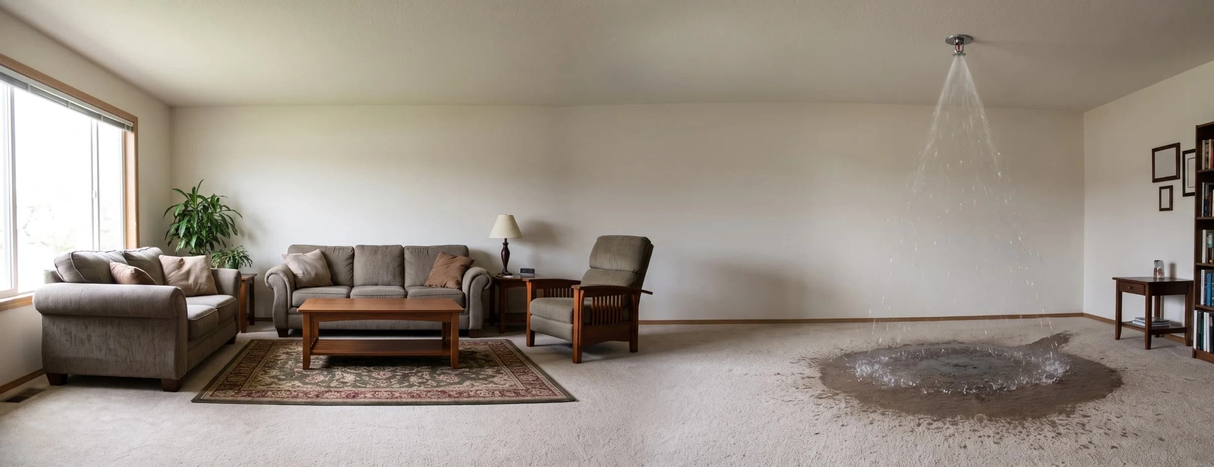Water spraying from a ceiling-mounted fire sprinkler head onto a stained carpet in a living room