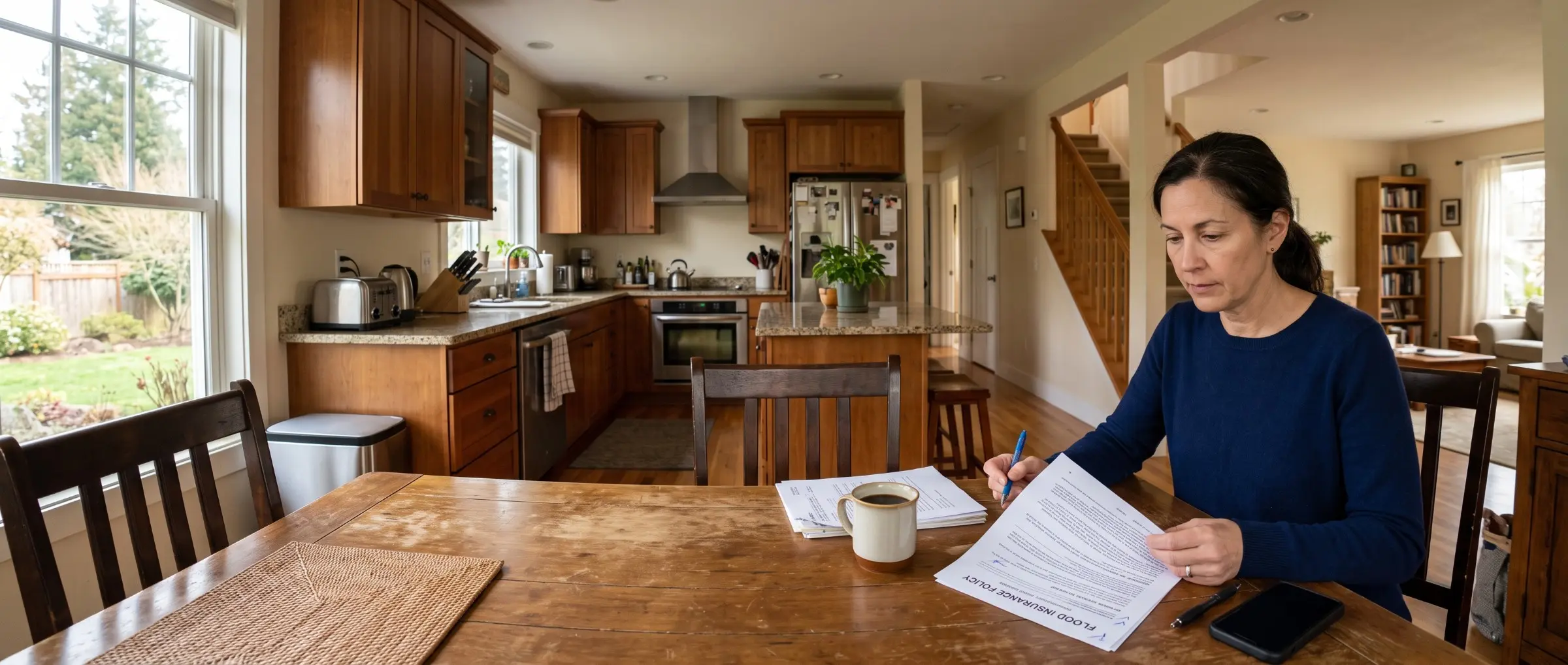 Homeowner reviewing a flood insurance policy document at a kitchen table in an open-concept home