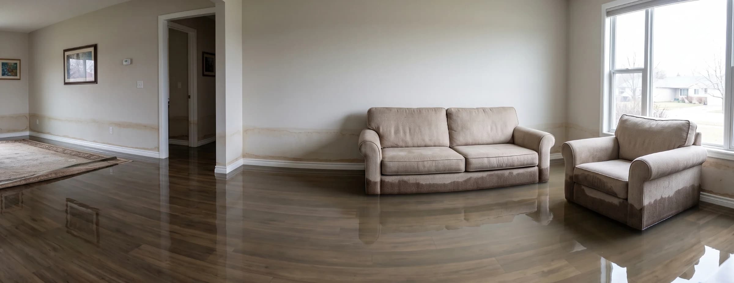 Flooded living room with several inches of standing brownish water reaching the base of upholstered furniture and a visible tide line on the wall