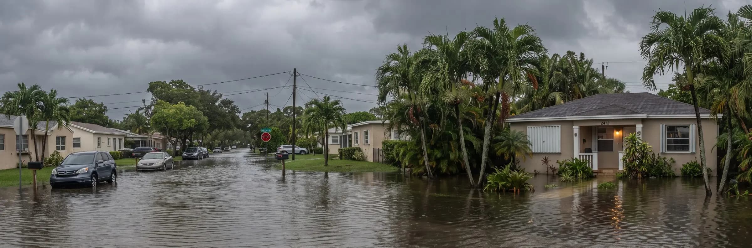 Single story stucco home on the right of a flooded Fort Lauderdale street with palm trees and parked cars under storm clouds