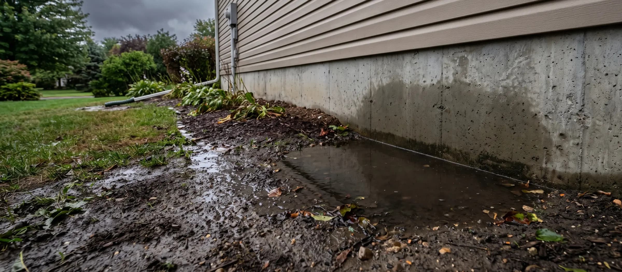 Water pooling against the base of a home's foundation wall after heavy rain