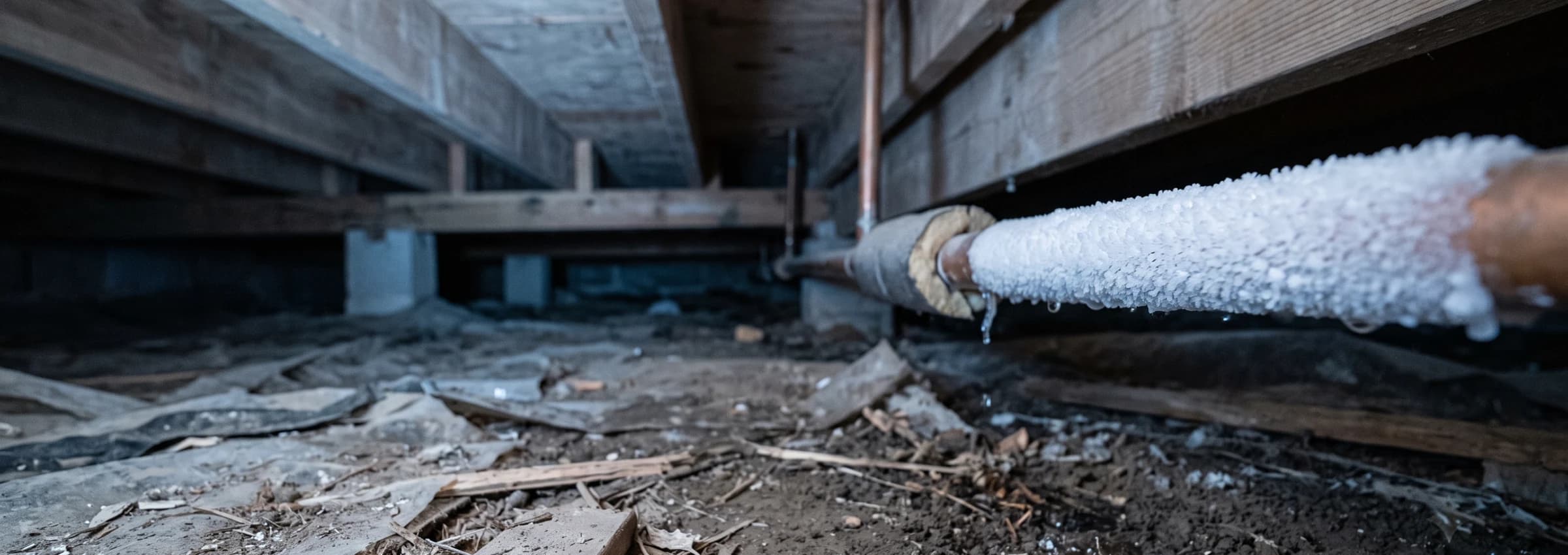 Frost coating an exposed copper pipe in an unheated crawl space