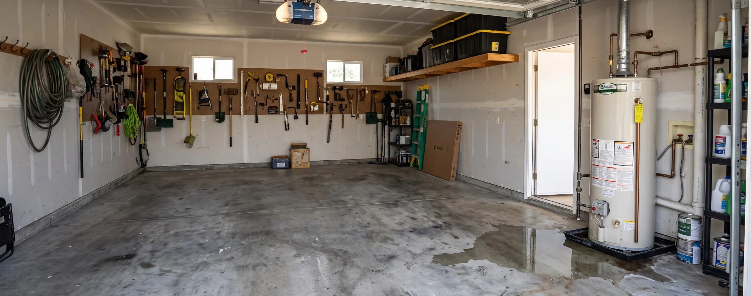Water pooled across a garage concrete floor, spreading from the base of a water heater at the back of the garage
