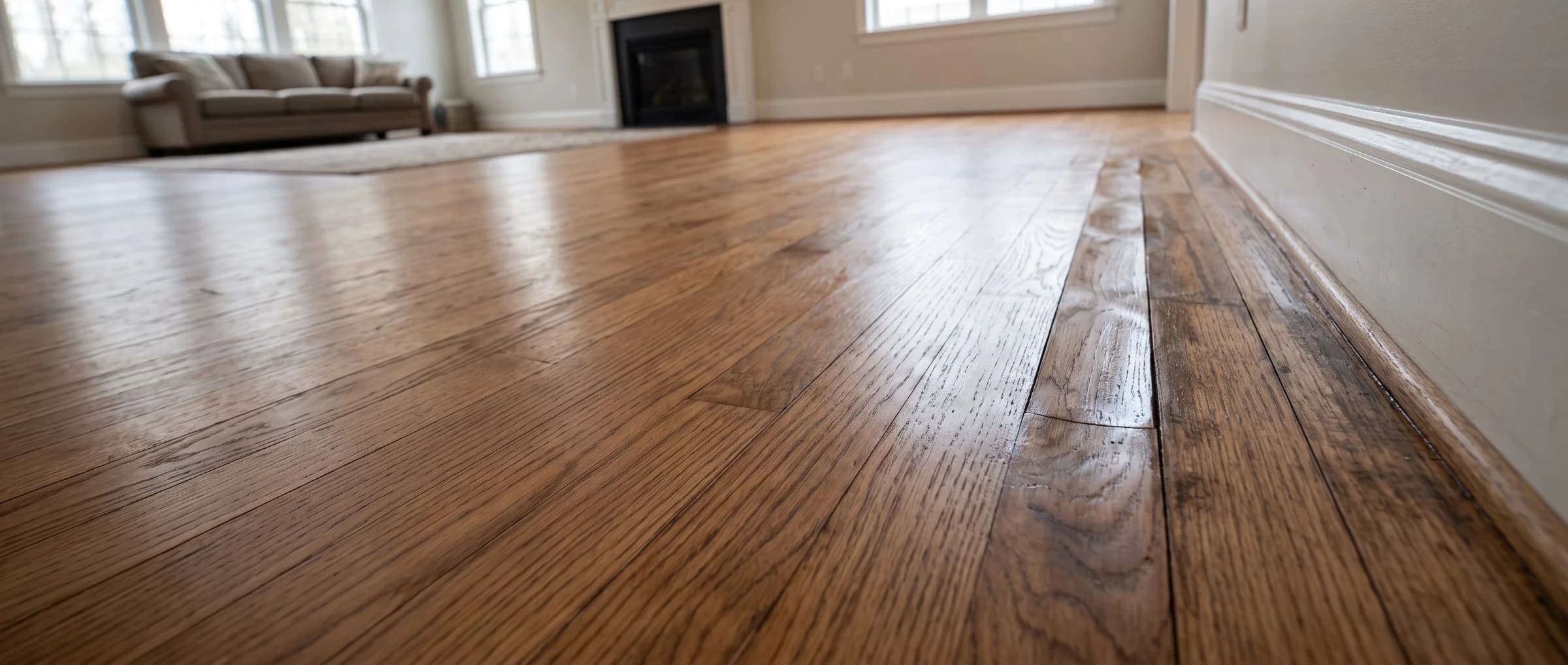Water-stained hardwood flooring near a baseboard, with discoloration along the board seams