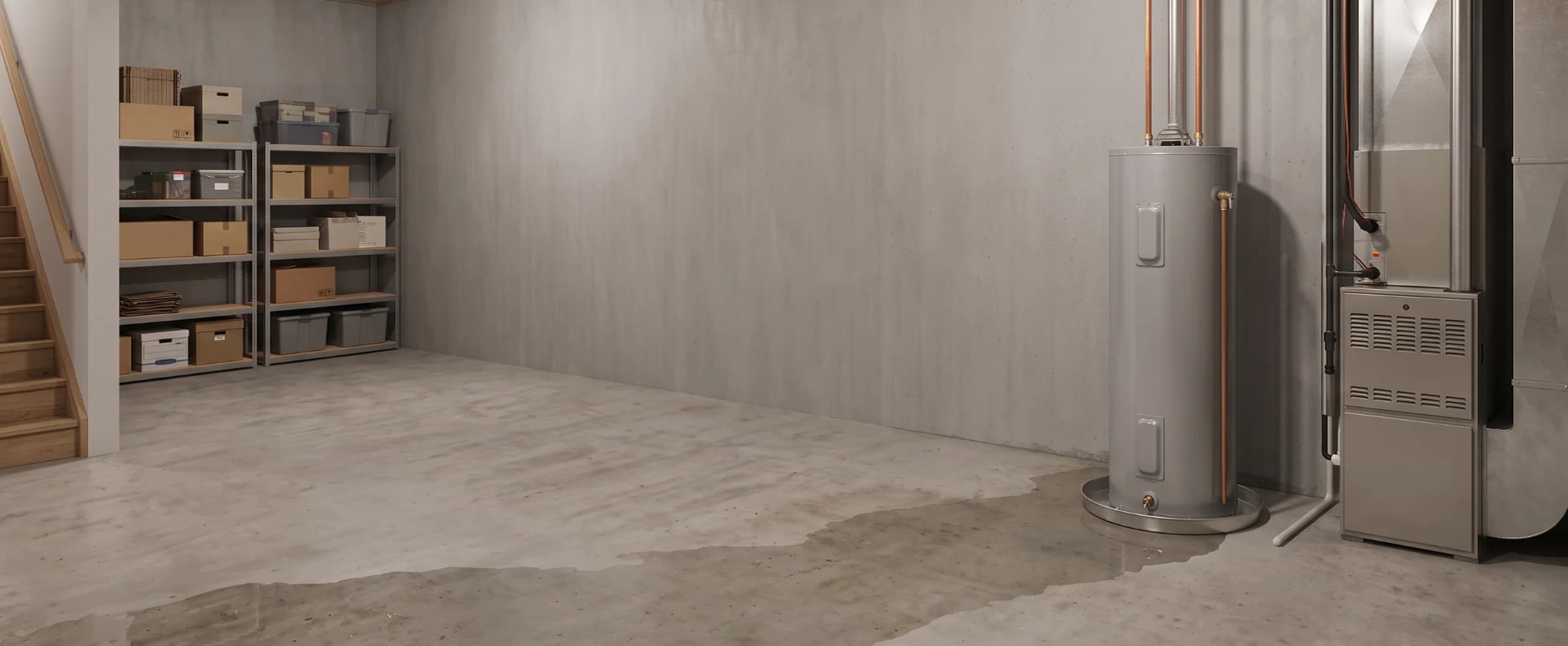 Water pooling on the floor at the base of a water heater next to a furnace in an unfinished basement