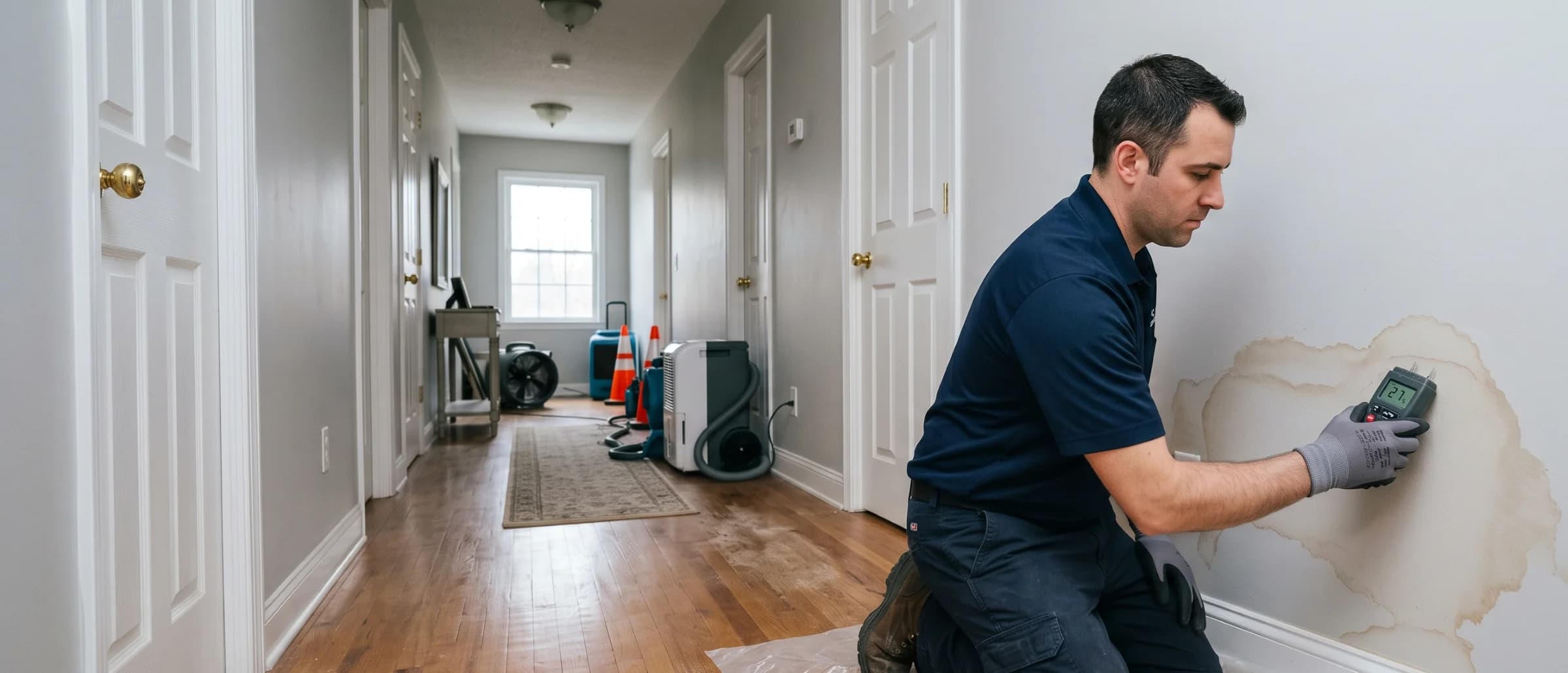Restoration technician holding a moisture meter reading 27 percent against a water-stained drywall panel in a home hallway
