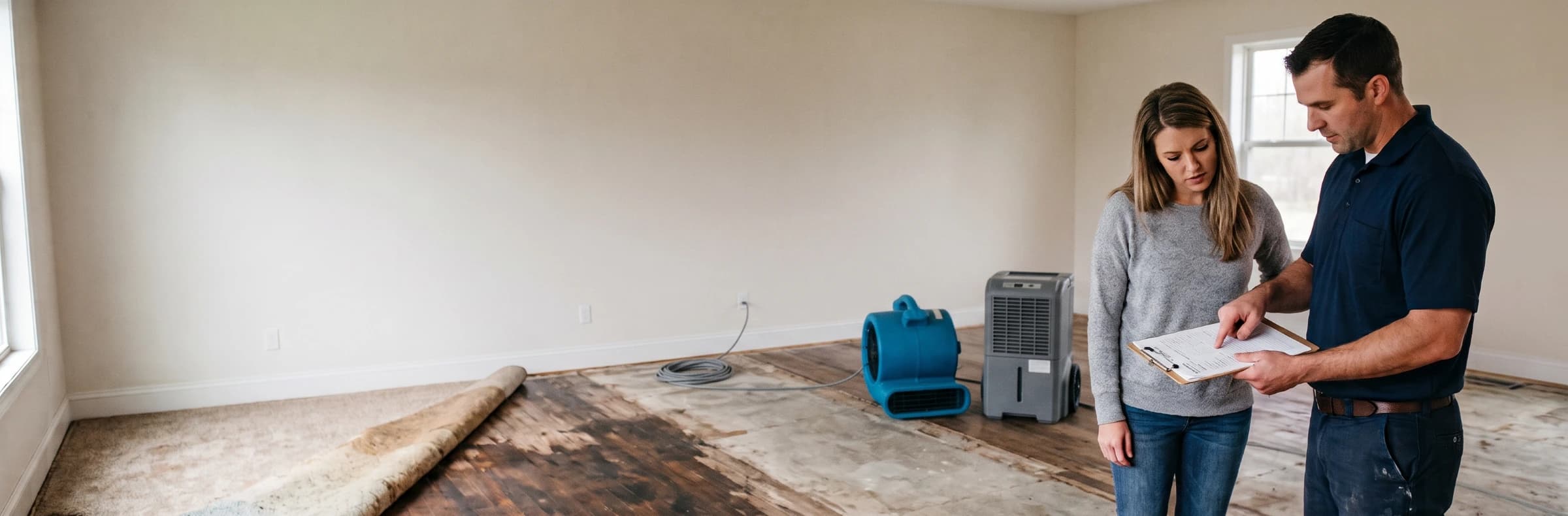 Homeowner reviewing a written estimate with a water damage restoration technician in a damaged living room