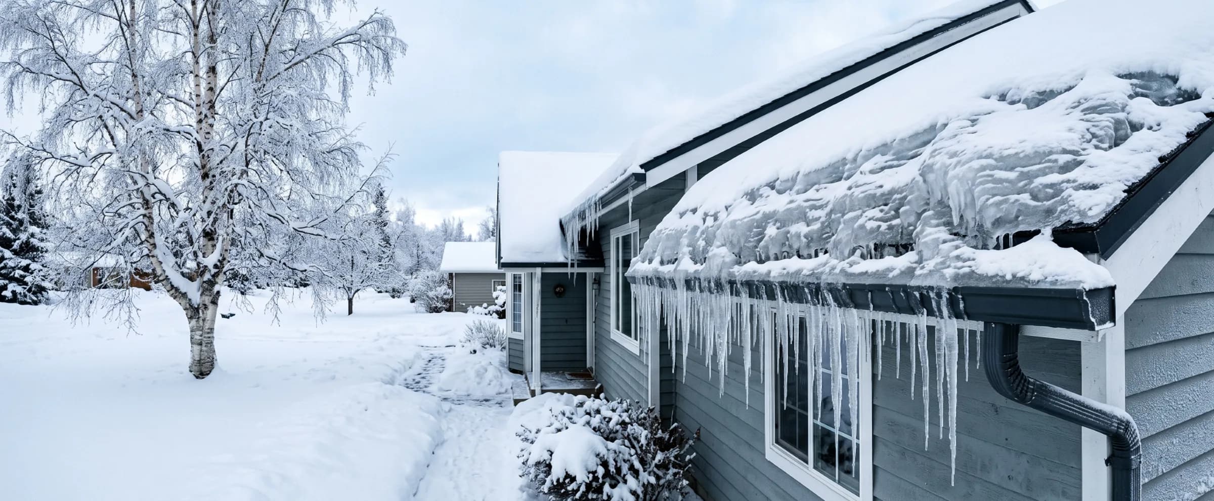 Thick ice dam and hanging icicles along the snow-covered eave of a gray house, with a snow-covered yard and frosted tree in the foreground