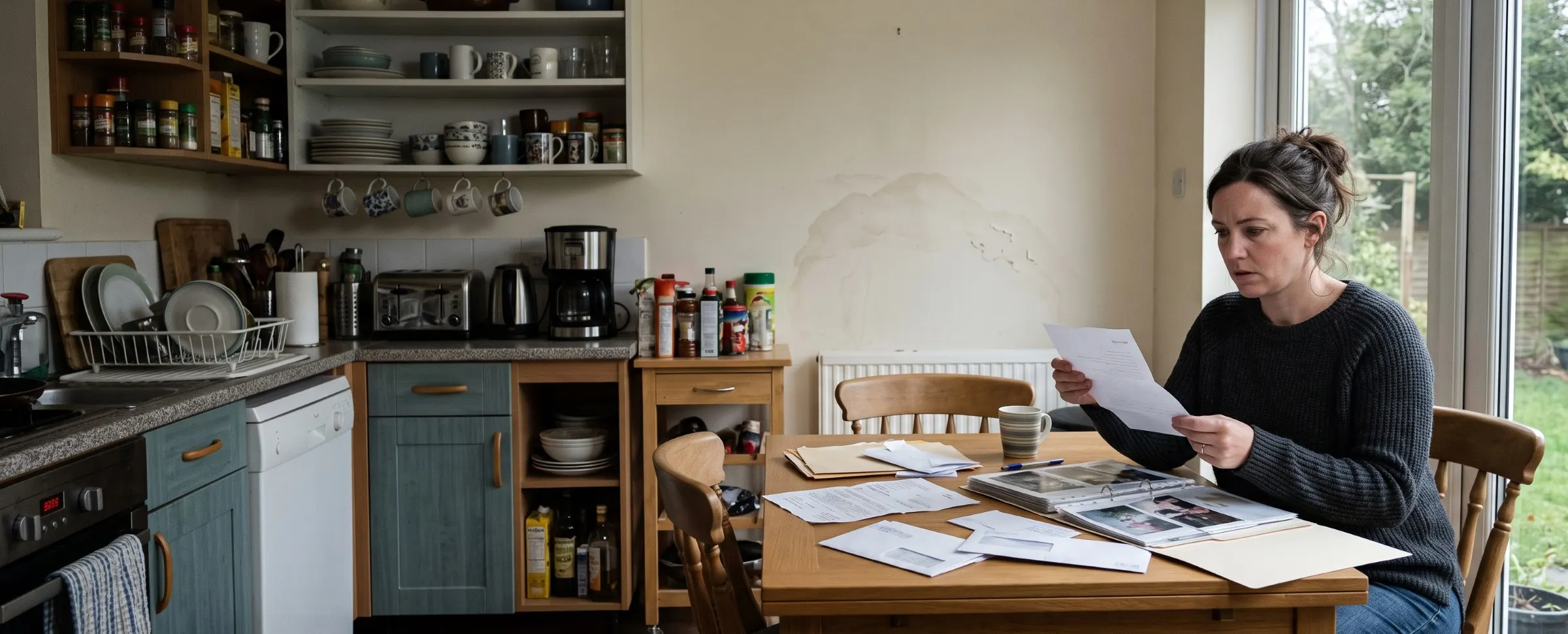 Homeowner reading a water damage insurance denial letter at a kitchen table with a water-stained wall in the background