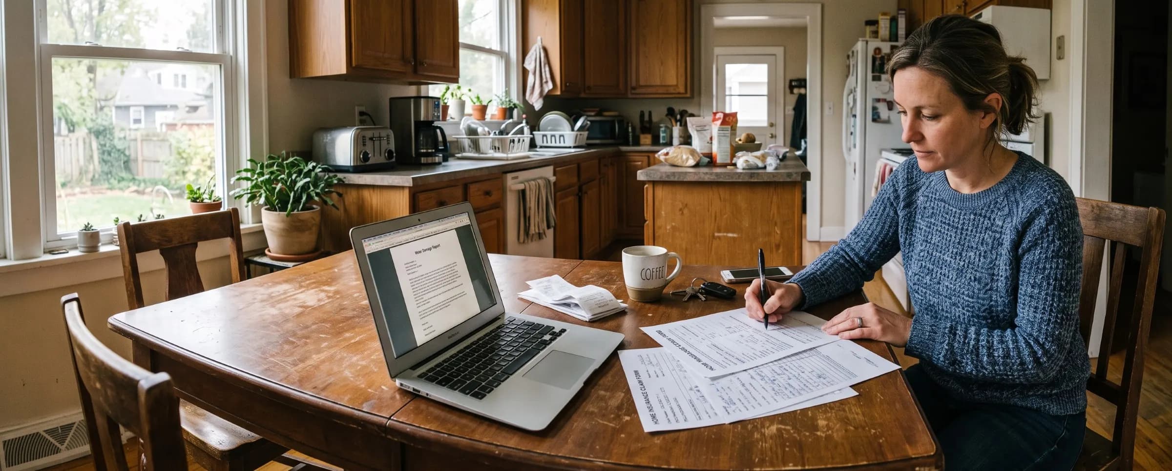 Homeowner filling out a home insurance claim form at a kitchen table next to a laptop showing a water damage report