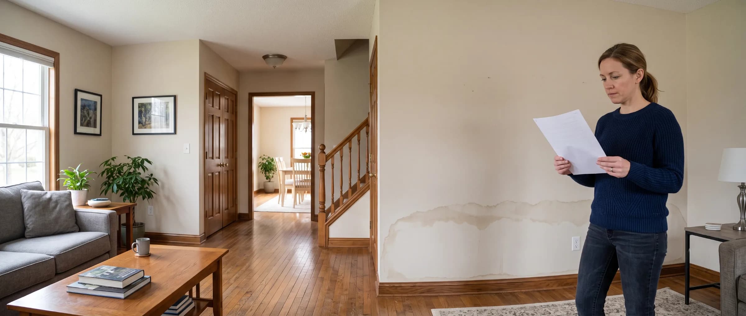Homeowner reviewing a printed insurance claim document beside a water-stained living room wall