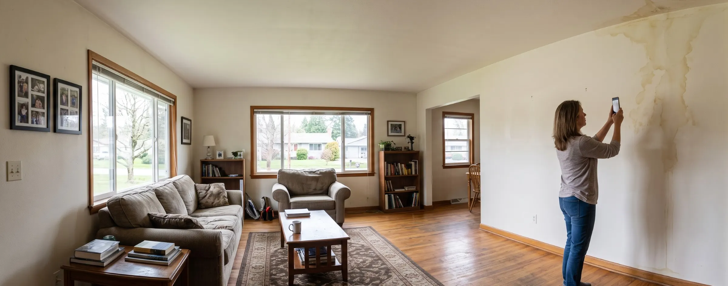 Homeowner photographing a water-stained wall in a living room with a smartphone for an insurance claim