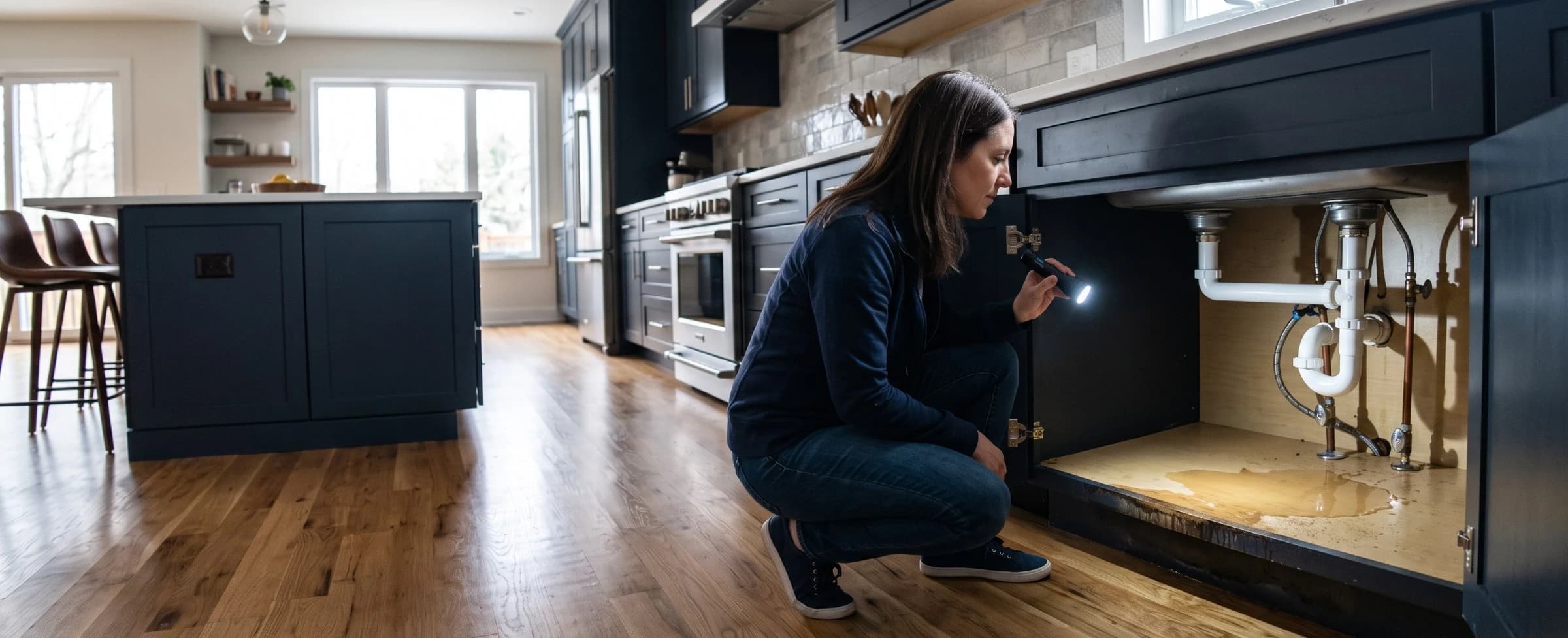 Person inspecting a water-stained kitchen cabinet base under the sink with a flashlight