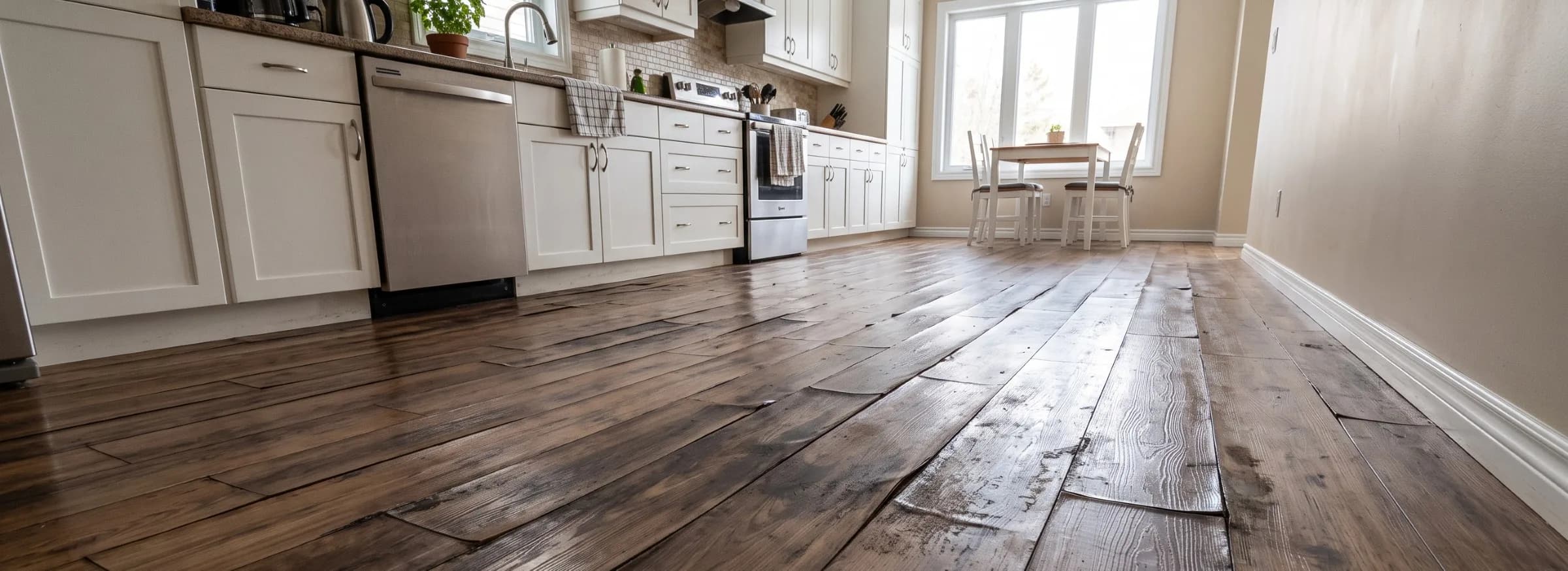 Swollen, lifted laminate plank seams along a kitchen floor with visible water staining