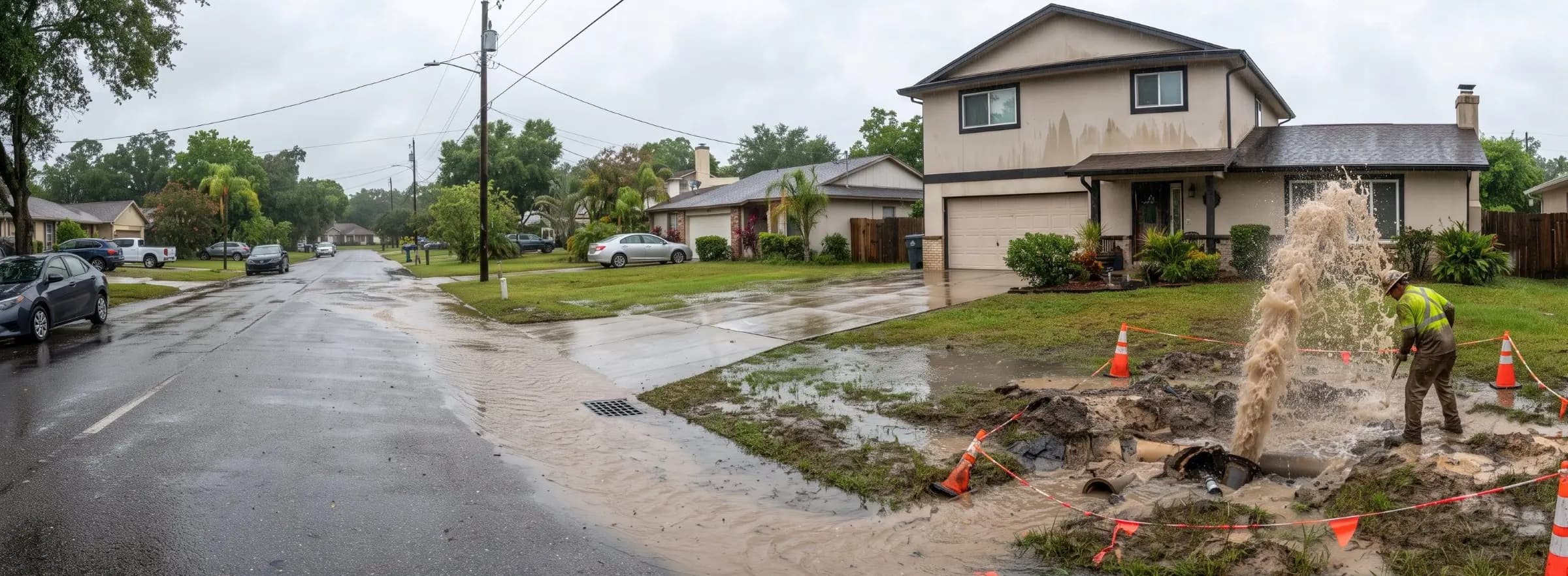 Utility worker beside a broken water line spraying muddy water from a trench in the front yard of a suburban home