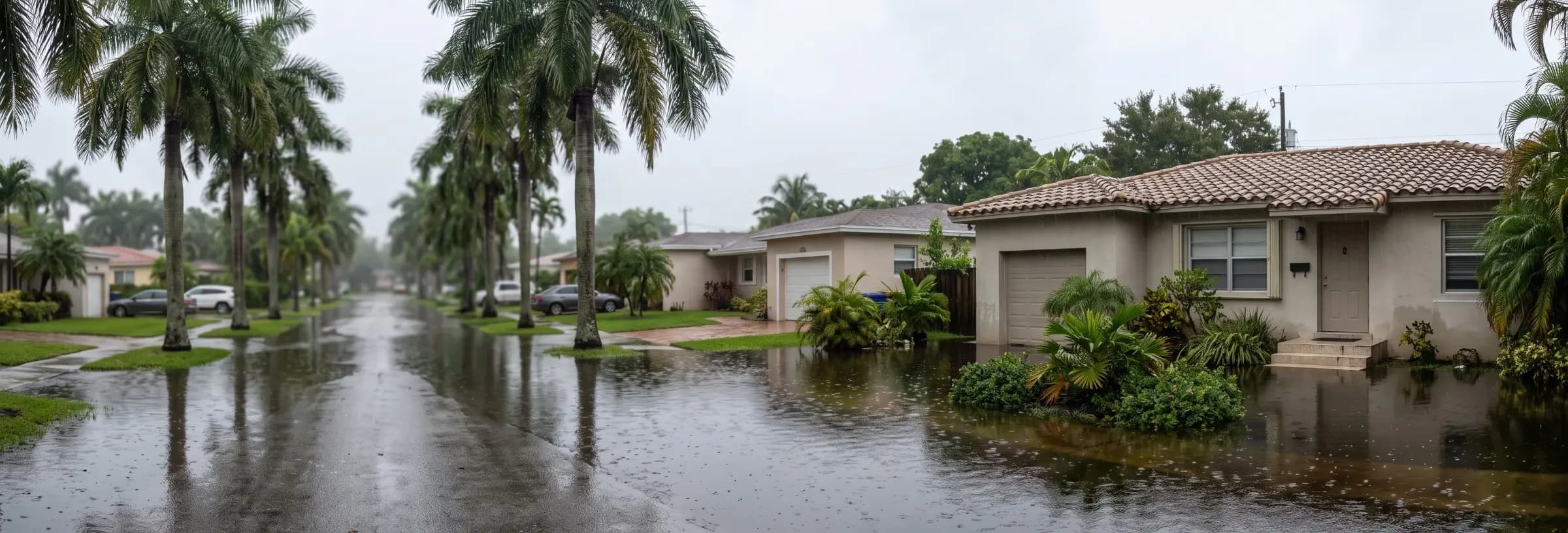 Stucco home with standing floodwater across the front yard and street in Miami, Florida