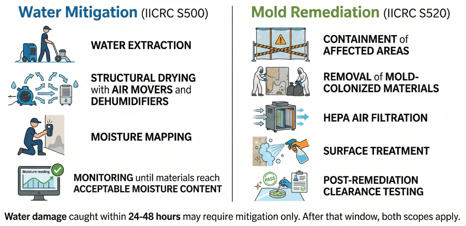 Infographic comparing water mitigation (IICRC S500) and mold remediation (IICRC S520), showing the four steps of water mitigation including extraction, structural drying, moisture mapping, and monitoring, versus the five steps of mold remediation including containment, material removal, HEPA filtration, surface treatment, and clearance testing.