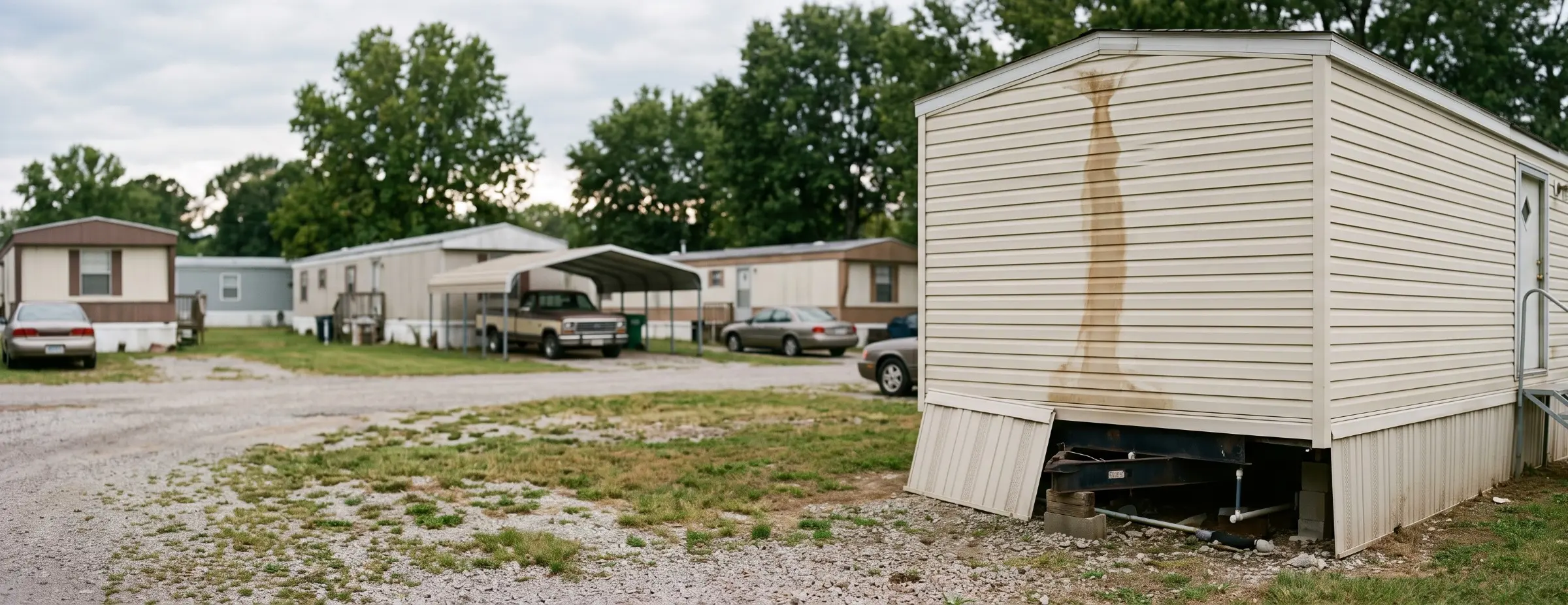 Water stain trailing down the vinyl siding of a manufactured home with an open skirting panel exposing the underbelly