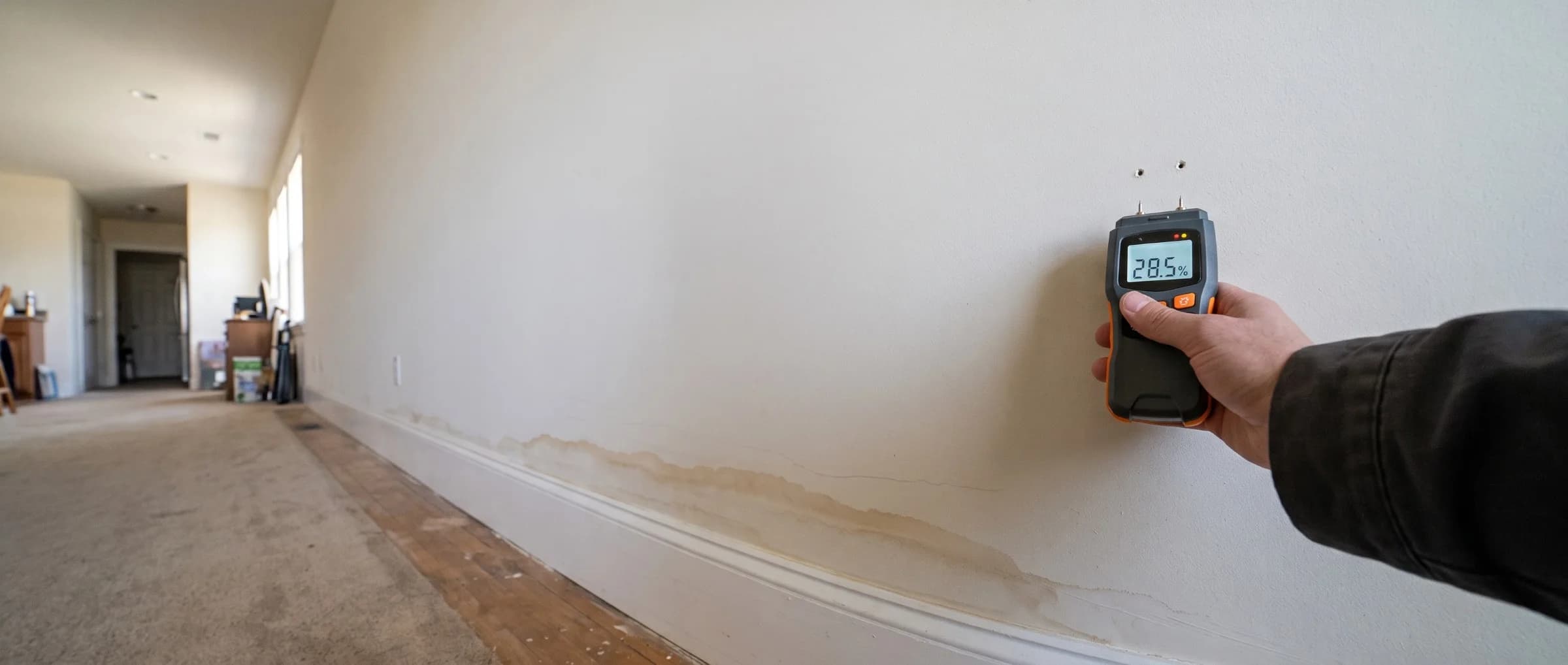 A technician pressing a pin-type moisture meter against a water-stained section of drywall