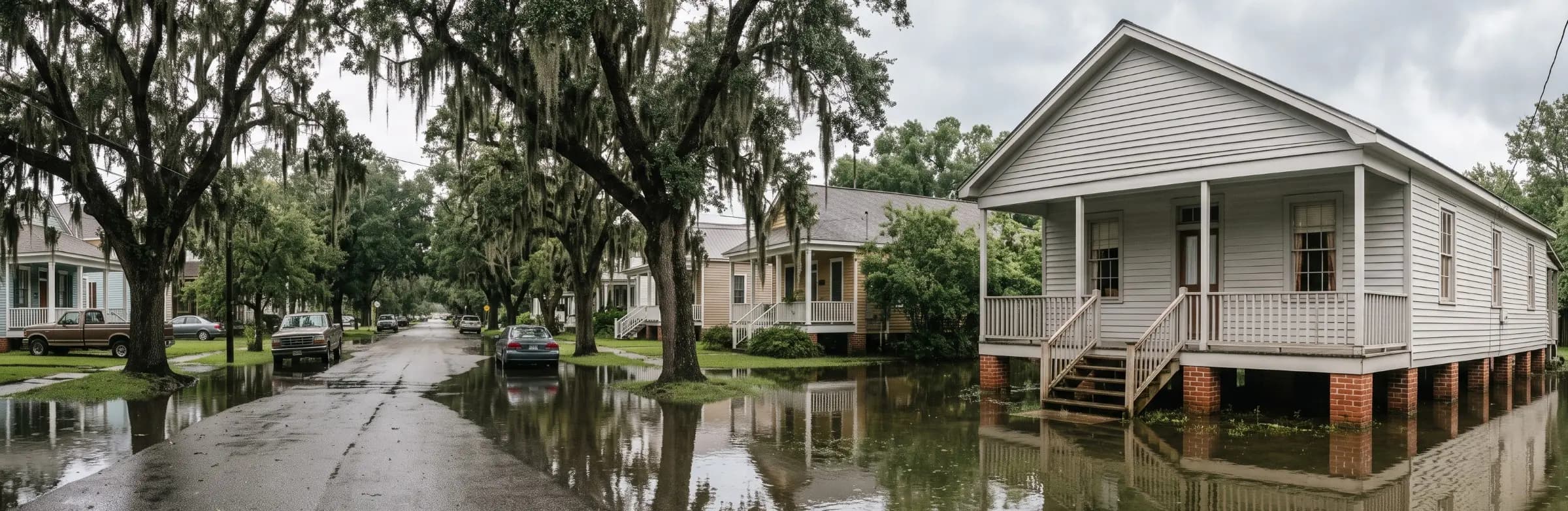 Raised wood frame cottage on brick piers with floodwater across the front yard and street in a New Orleans neighborhood