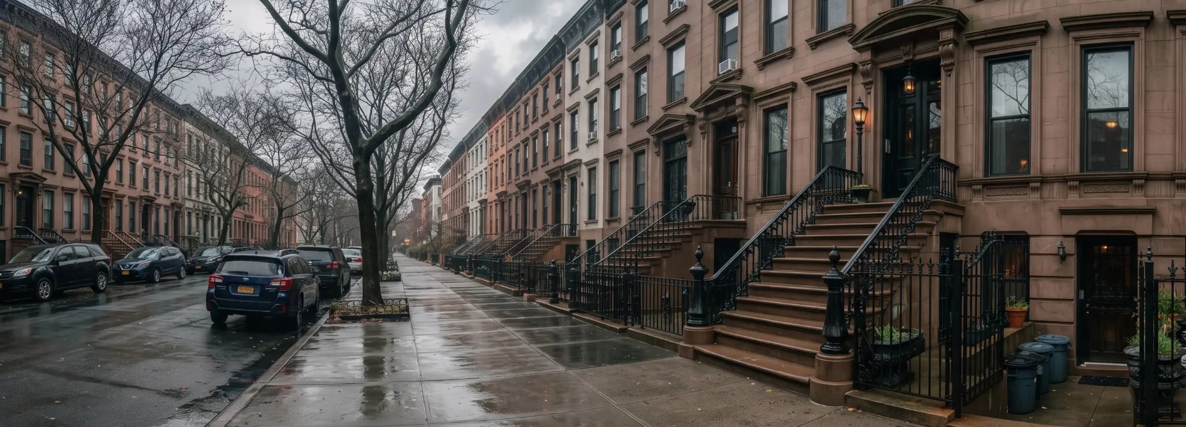 Brownstone row in Brooklyn on a rainy street with a wet sidewalk and an iron-fenced garden-level areaway beside the stoop