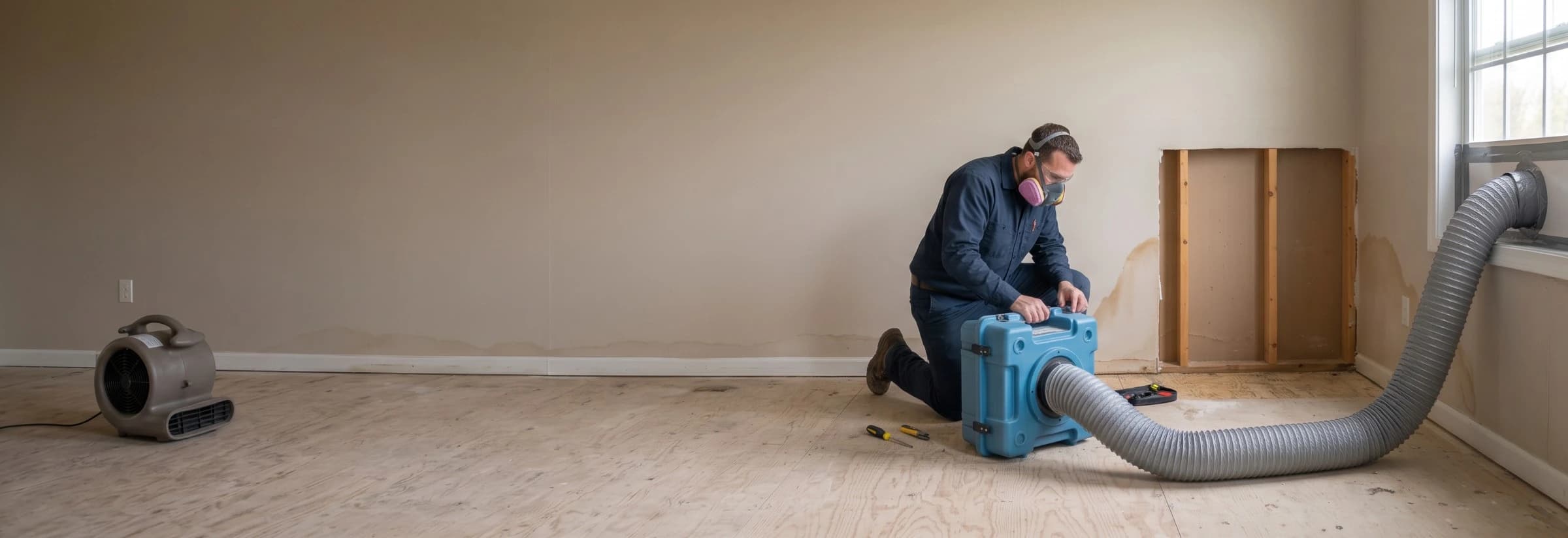 Restoration technician in a respirator kneeling beside an air scrubber ducted to an open window, next to a wall cut open to bare studs with a water stain line on the drywall
