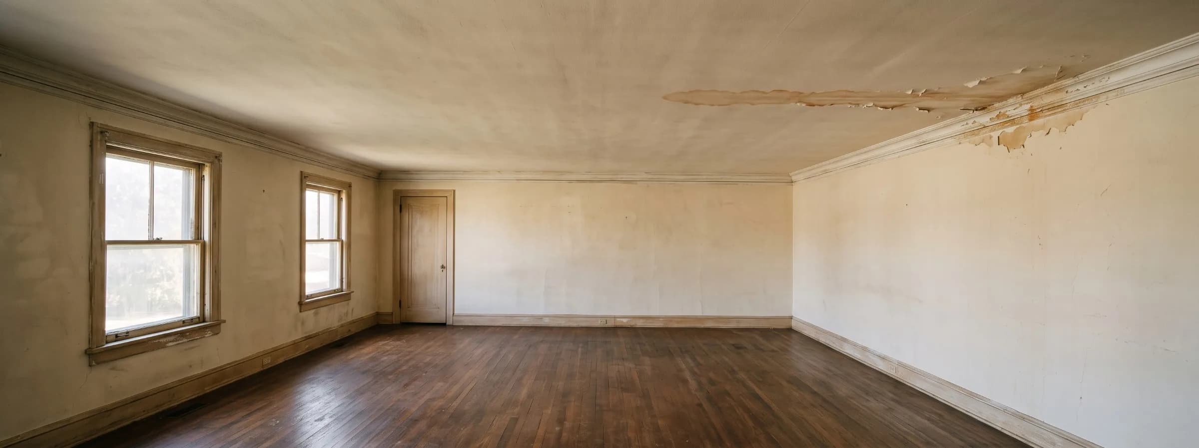 Water stain and peeling paint on a plaster ceiling beside original crown molding in an older home